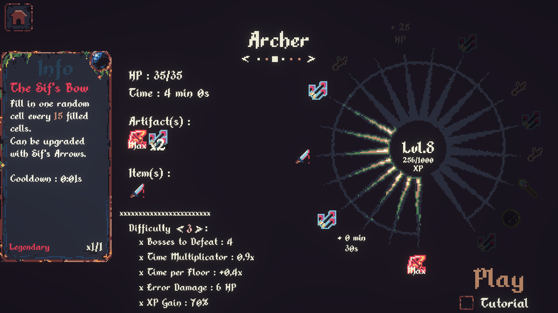 The class progression screen for the Archer class in CiniCross.