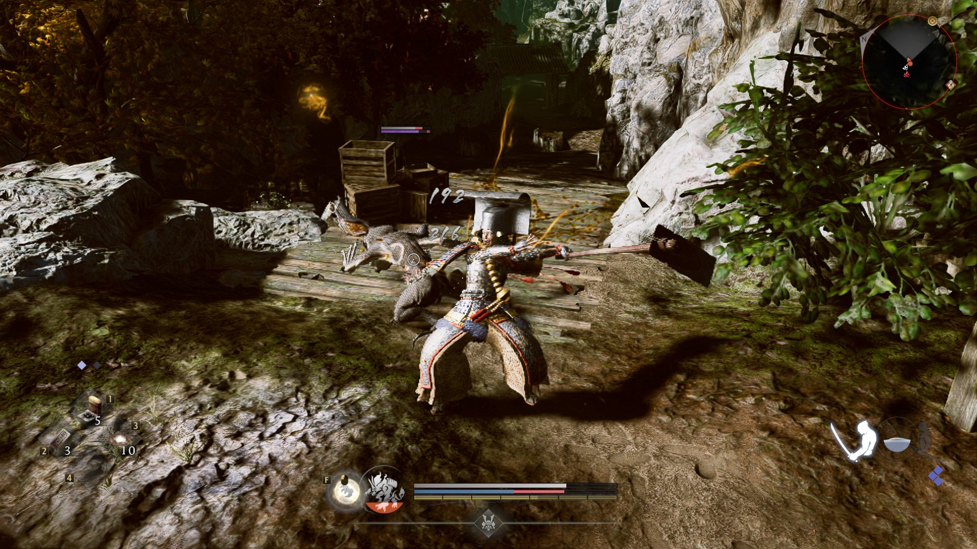 A samurai uses a hoe to defeat a demon creature in Nioh 3