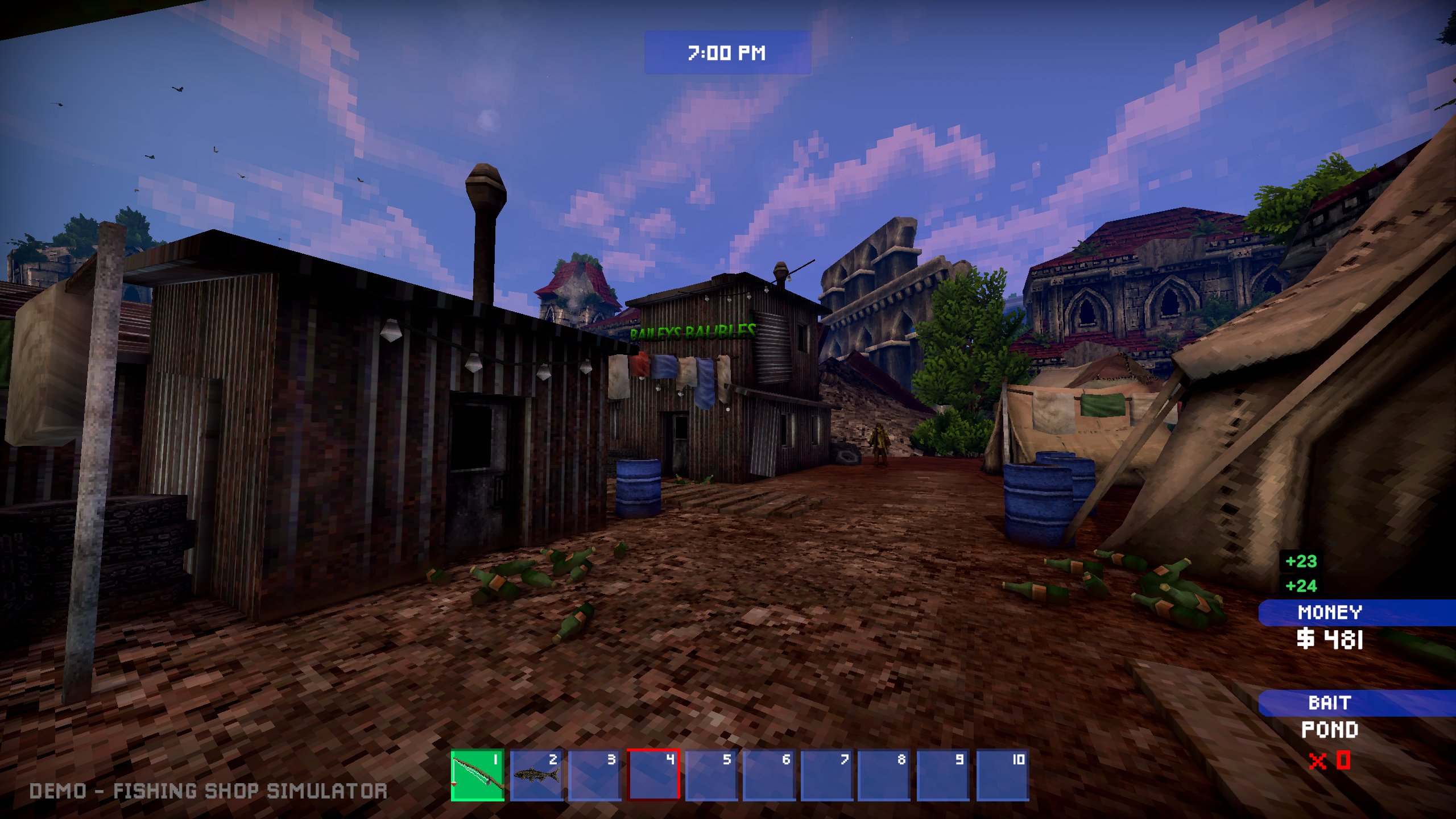 Fishing Shop Simulator: A shanty town with bottles on the floor and a bar in the distance.