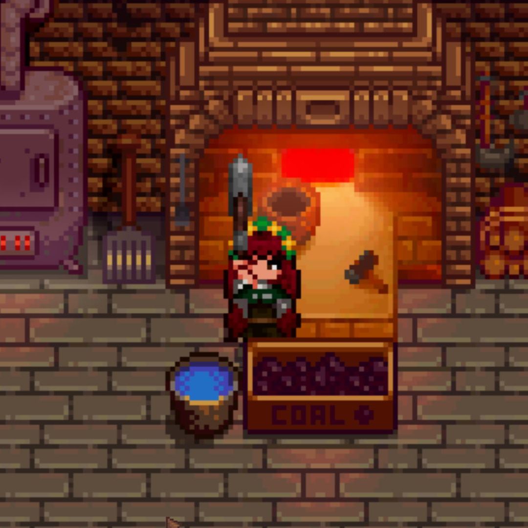 Stardew Valley workshop mod with a kiln and furnace area for crafting