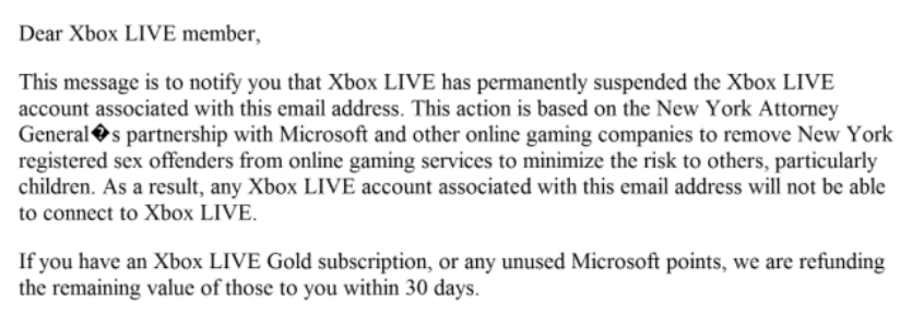 An email explaining that an Xbox Live account has been permanently suspended