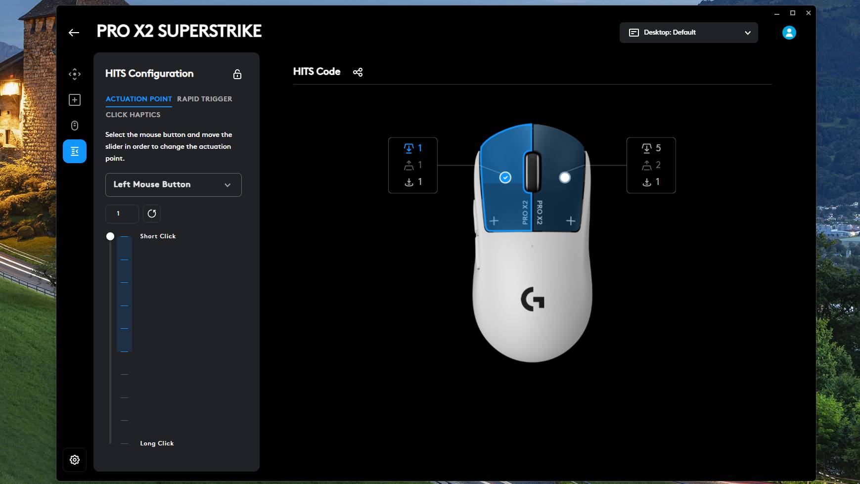 Logitech G Hub software showing adjustable actuation settings for the G Pro X Superstrike.