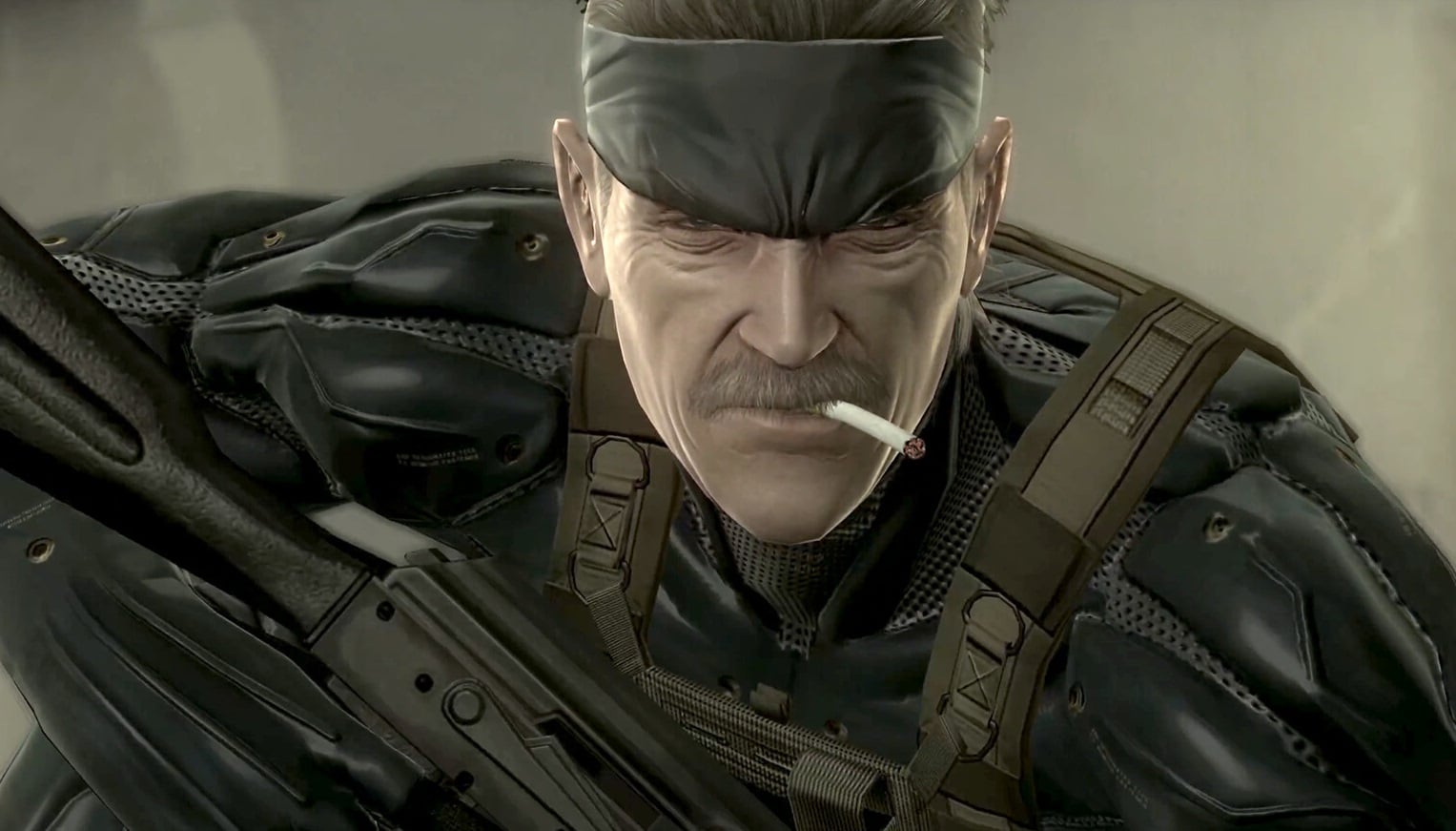 Solid Snake smokes a cigarette.