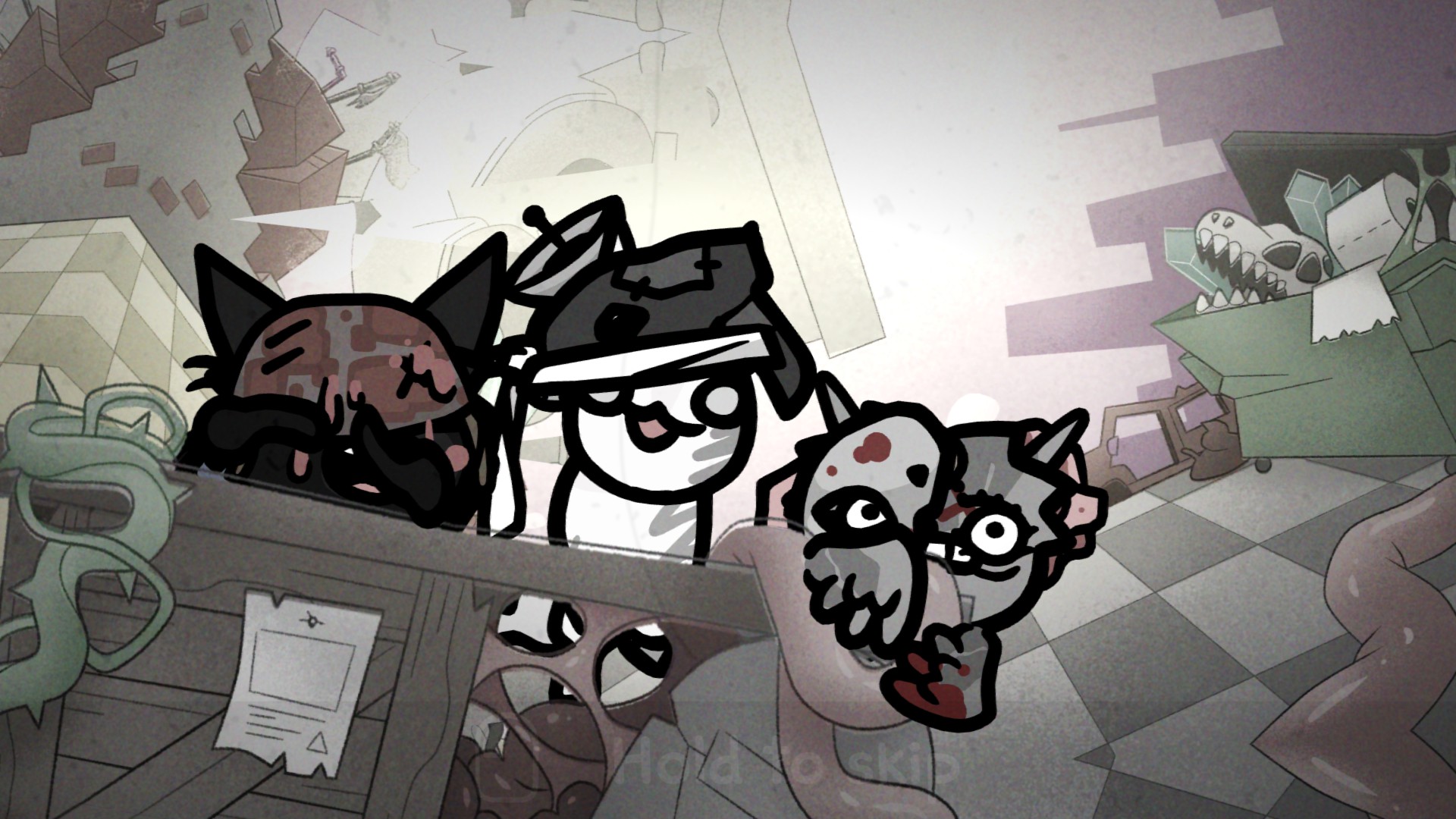 Three cats hiding scared behind some debris in Mewgenics.