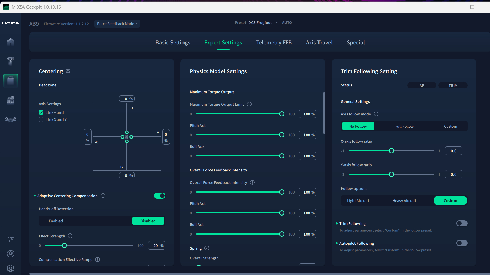 Screenshots of Moza Cockpit, its interface software for flight sim peripherals