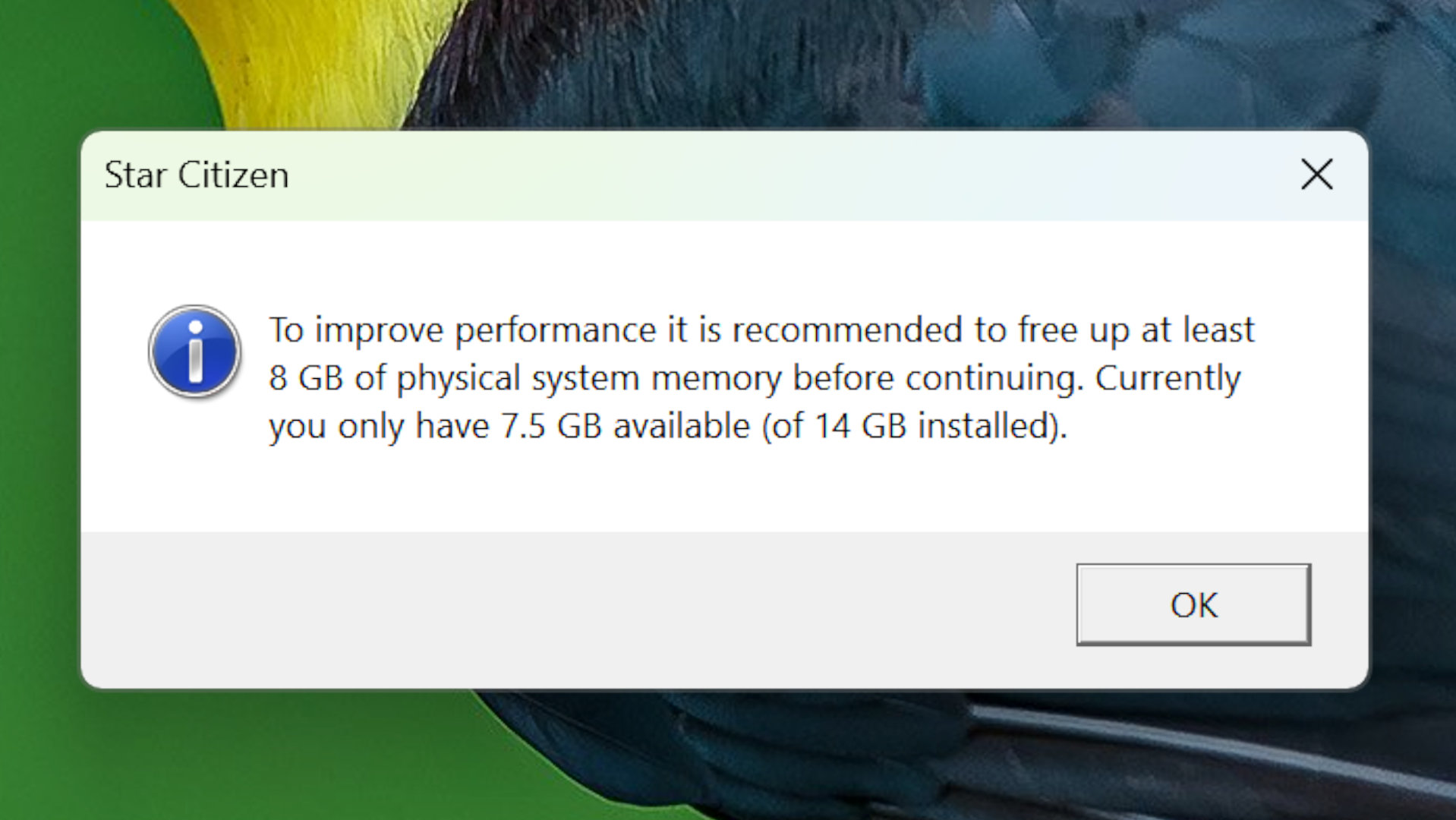 A warning message generated by Star Citizen on a gaming PC with 16 GB of system memory