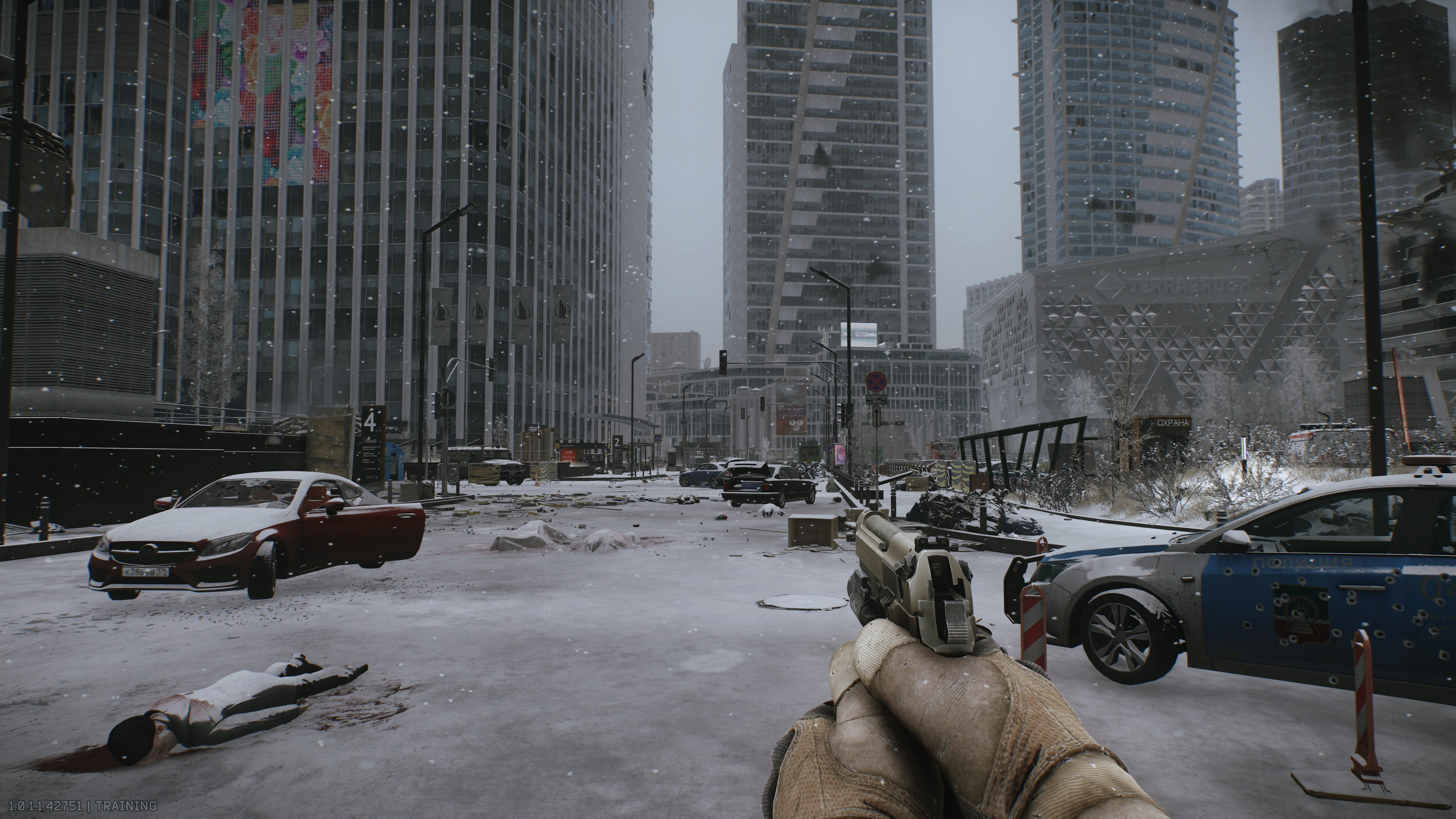 A screenshot of Escape from Tarkov, showing the empty streets of Ground Zero