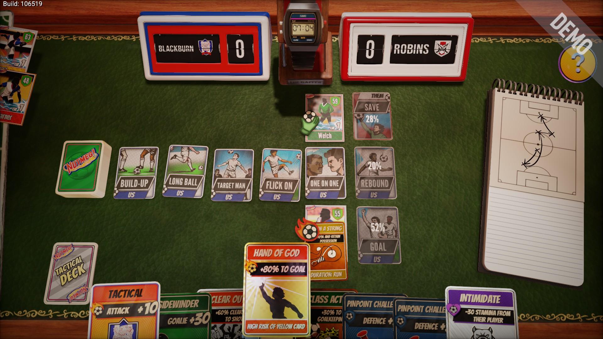 The desk in Nutmeg, a football deck-building game.