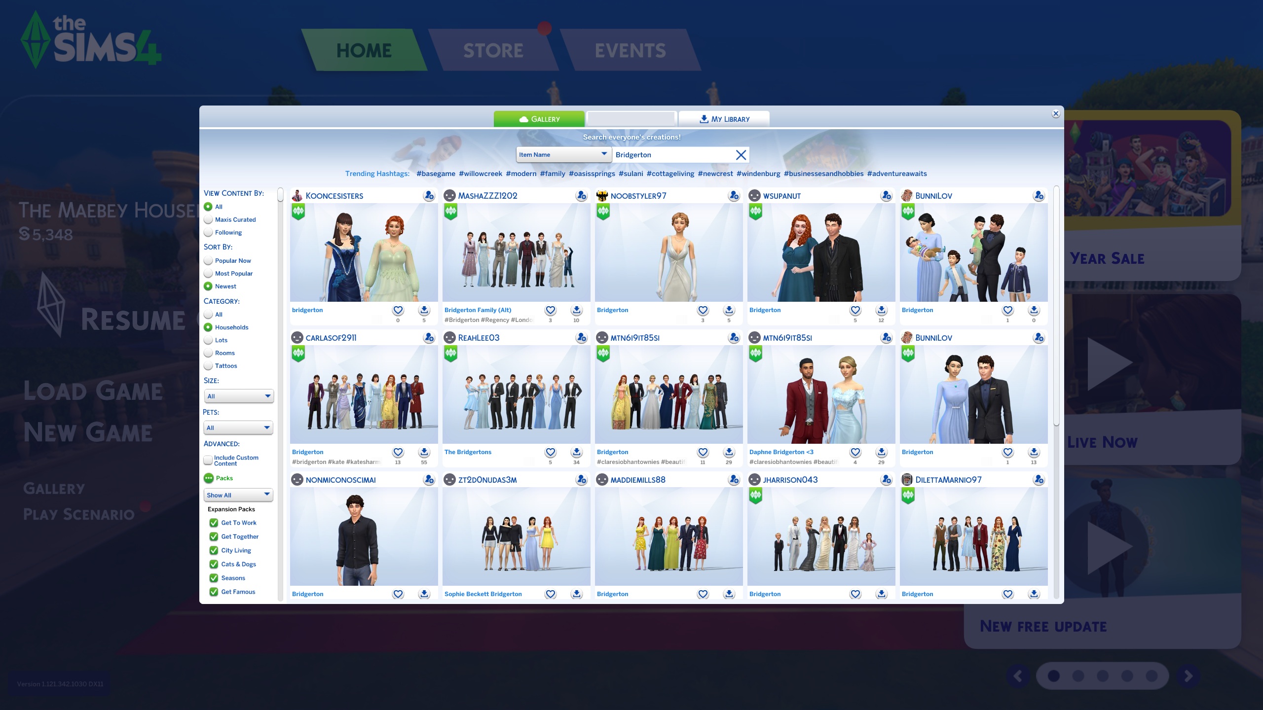 The Sims 4 gallery search for 