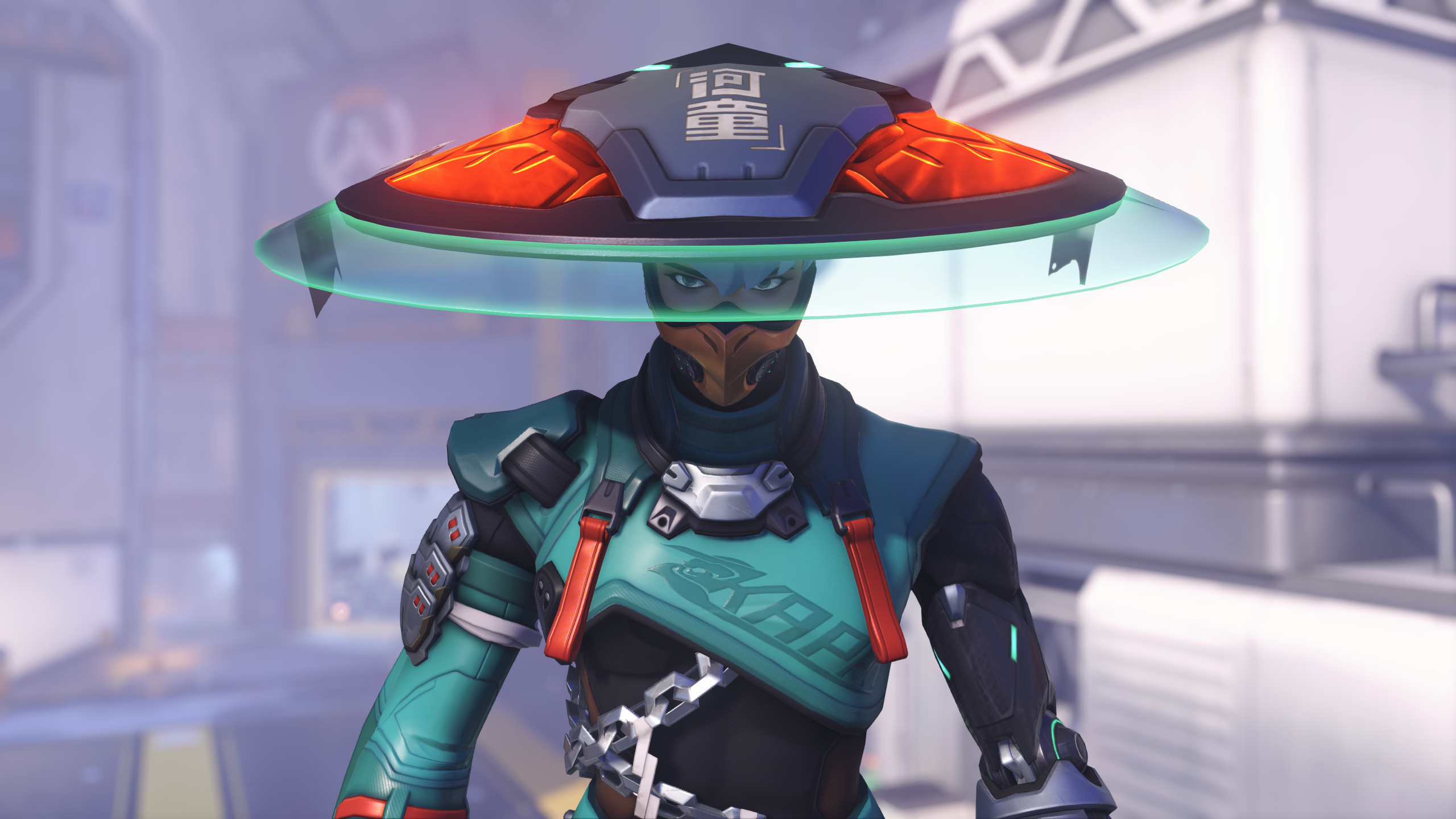 An in-game screenshot of an Overwatch hero. A man in a wide green hat and a mask covering half of his face peers toward the viewer.