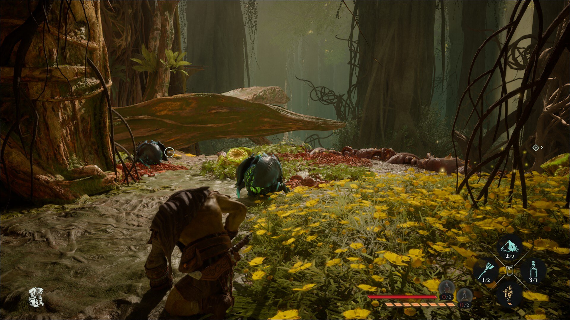 A goblin stalks a green bug