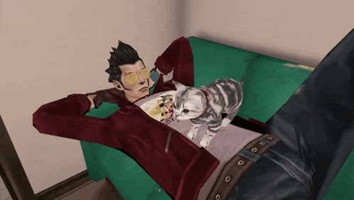 Travis Touchdown pets his cat