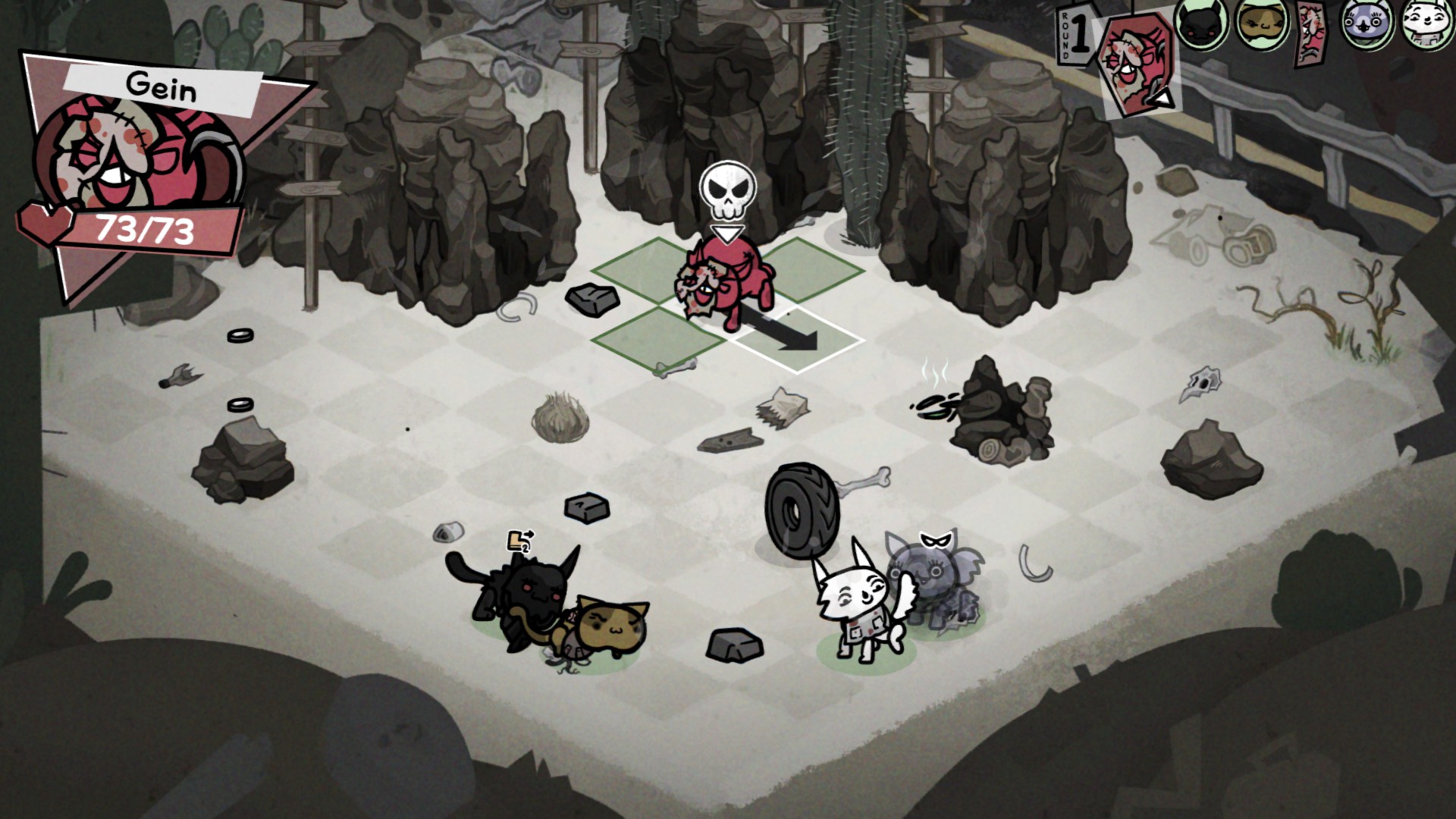 A boss fight against a butcher cat in Mewgenics.