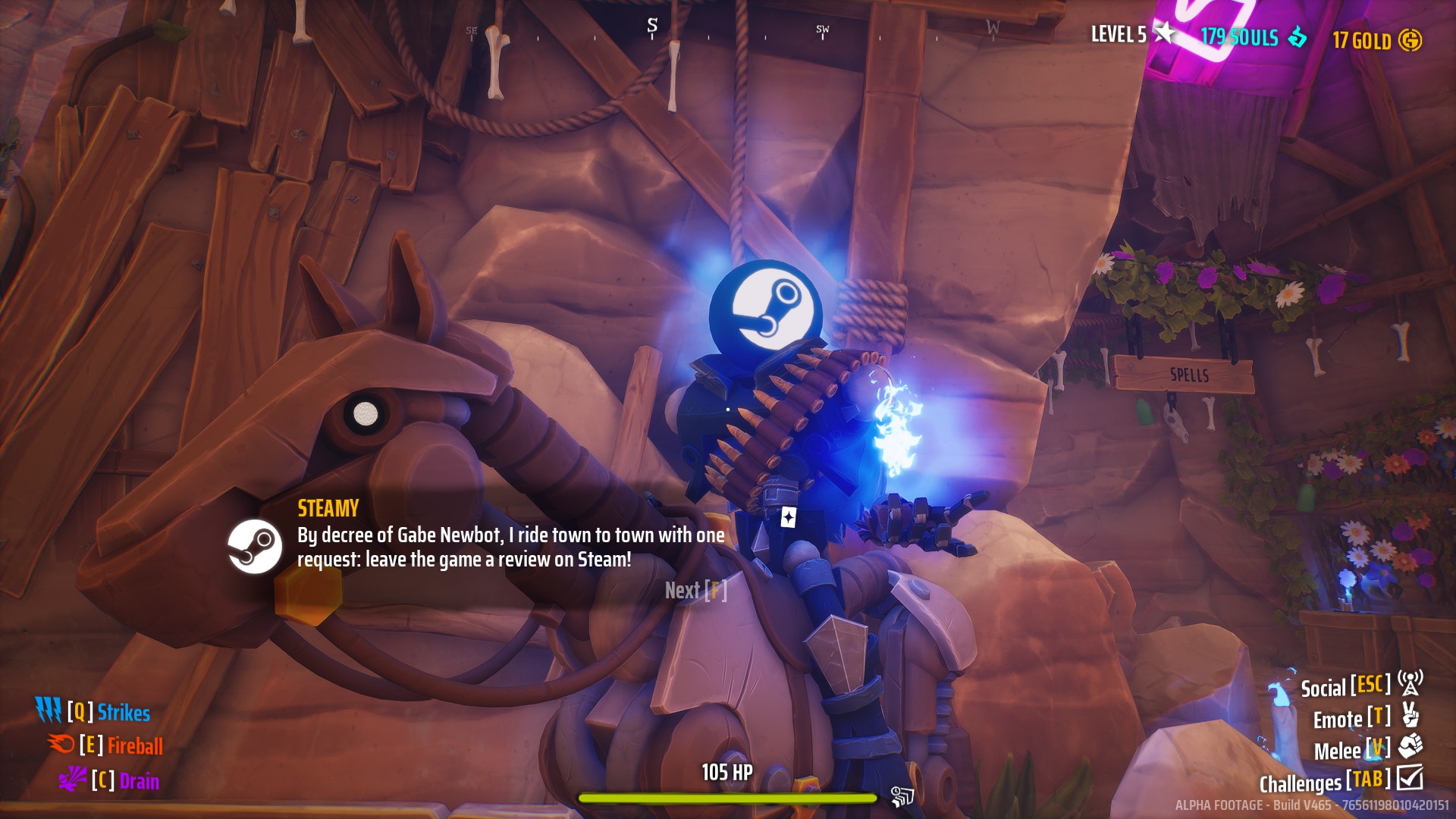 Steamy, a robot who requests that players leave a Steam review in the Far Far West demo.