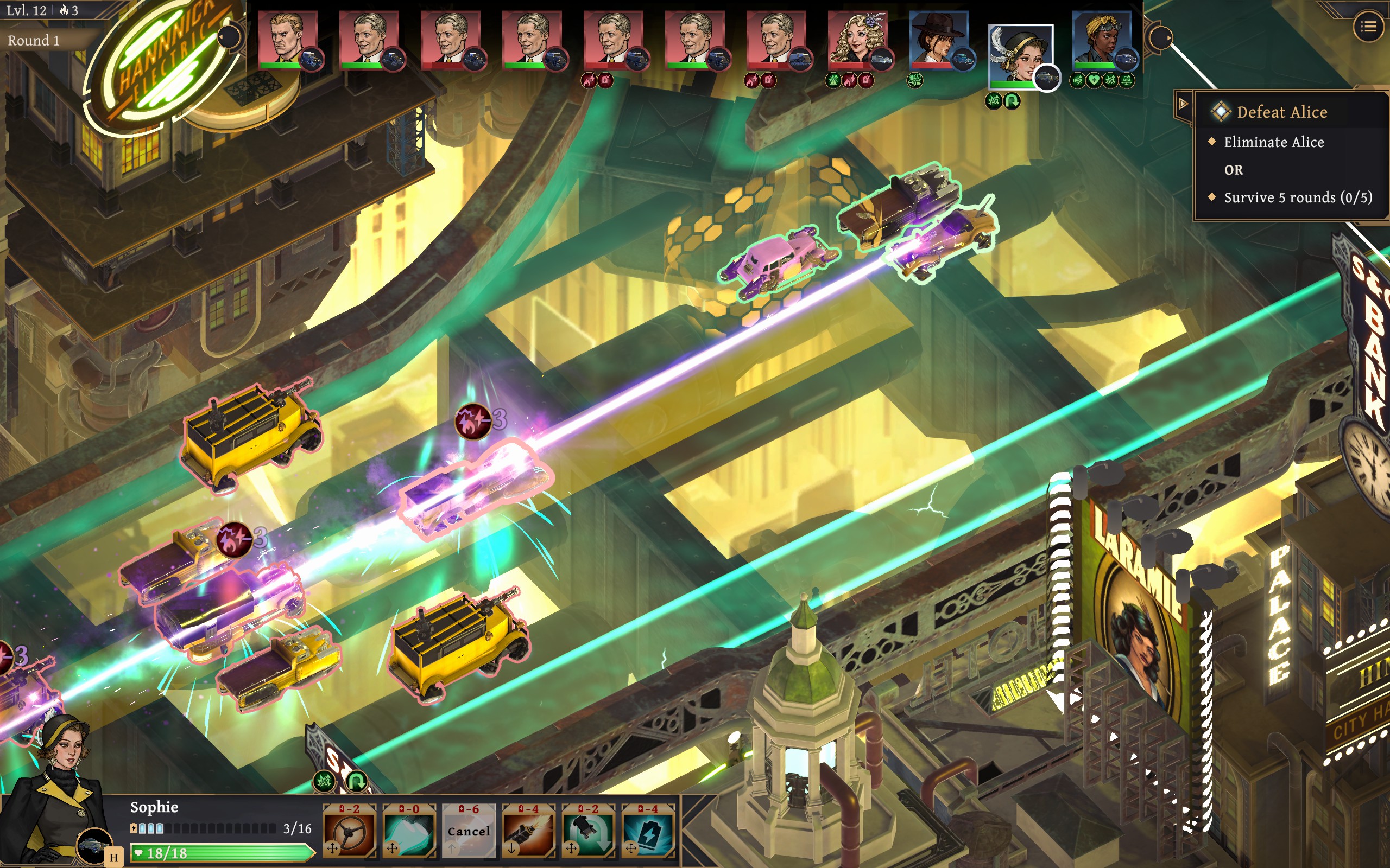 A car fires a beam weapon backwards down a glowing green art deco highway