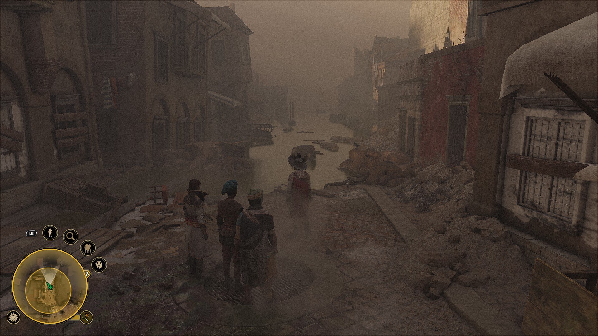 Four figures stand in a ruined street