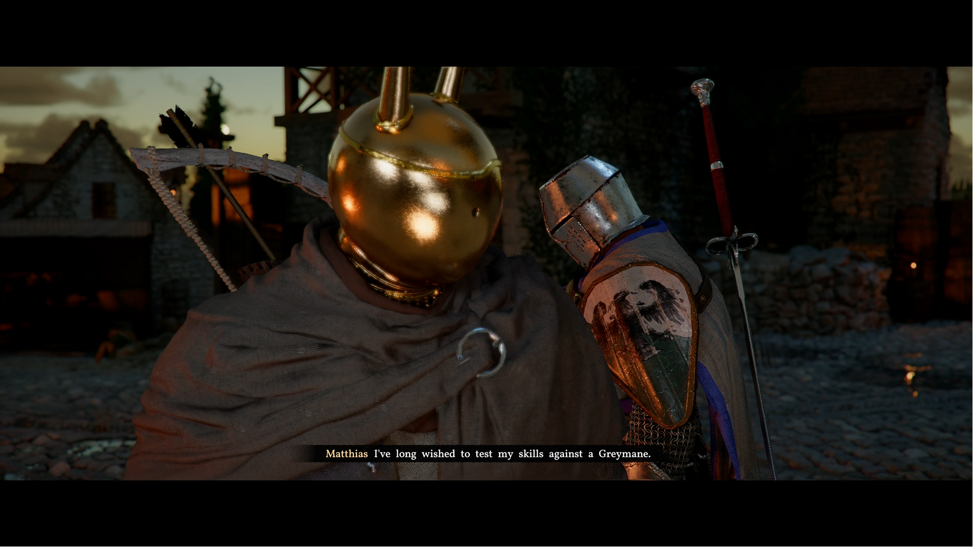 A knight challenges Kliff, who is wearing a silly helmet, to a duel in Crimson Desert.