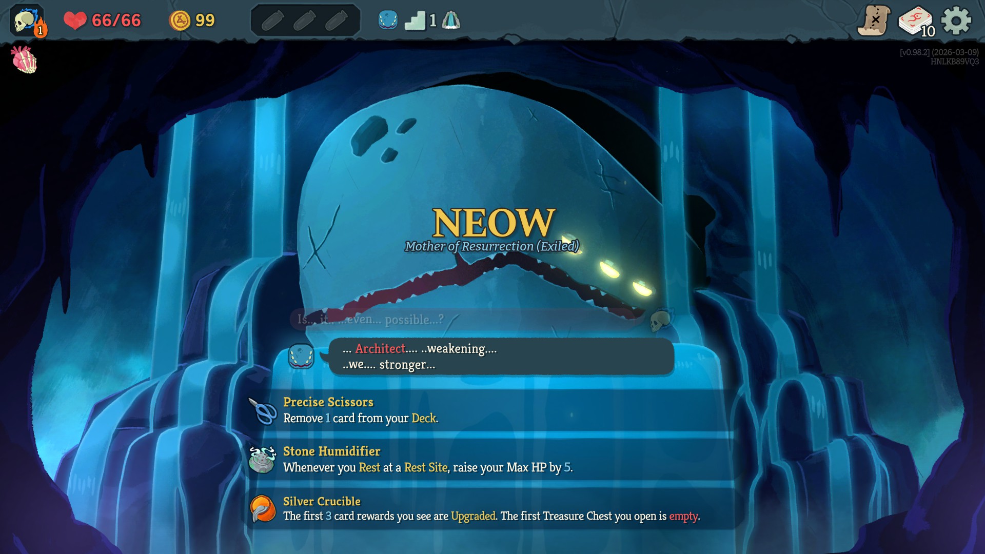 Making a choice with Neow at the start of a run in Slay the Spire 2.