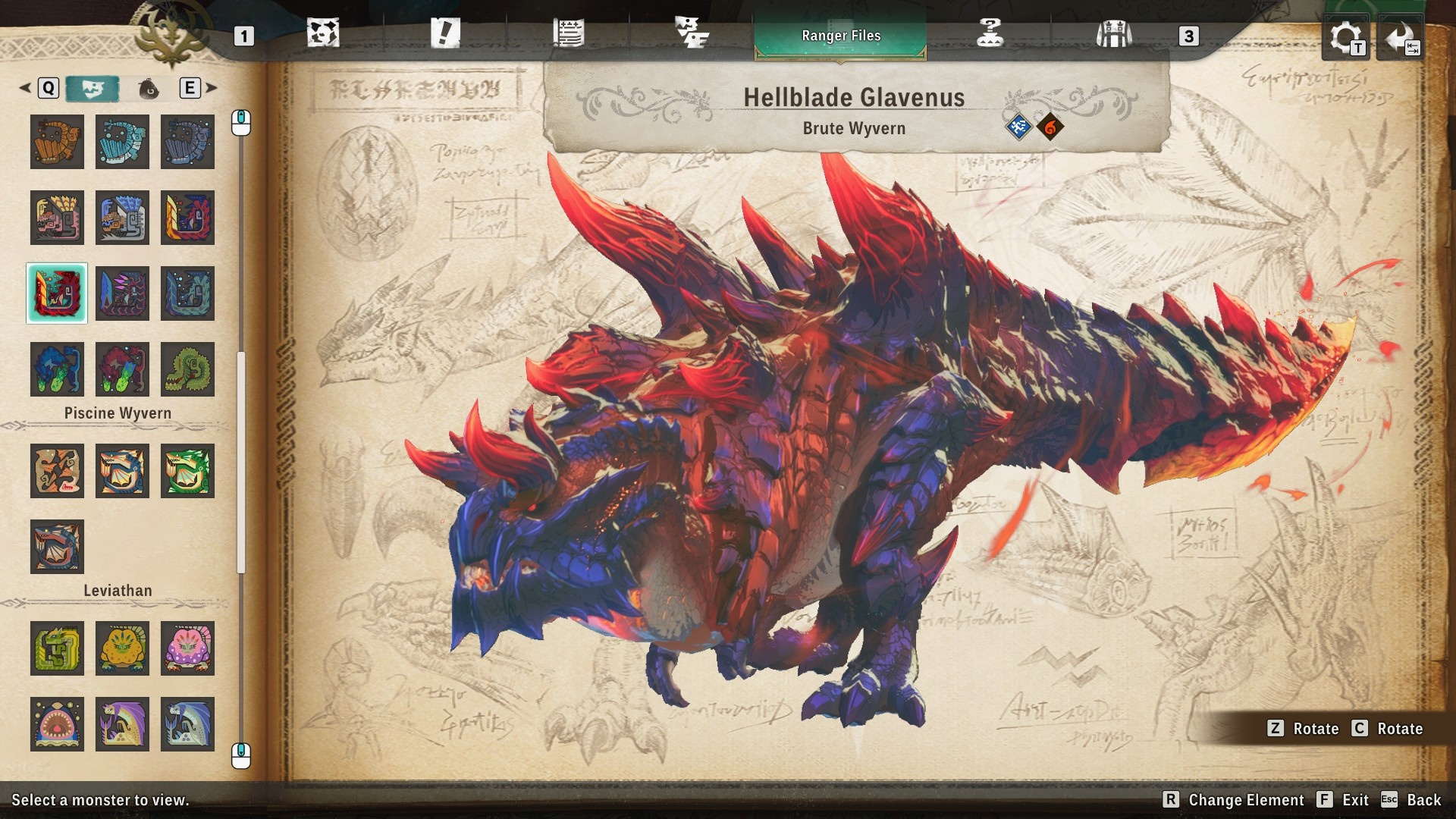Hellblade Glavenus mutation from Monster Hunter Stories 3. It's a terrestrial bound, brute-like wyvern with red and blue scales.
