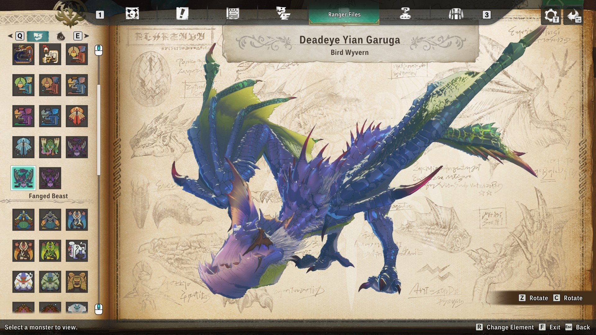Monster Hunter Stories 3 - Deadeye Yian Garuga is a purple, green, and yellow bird-like wyvern mutation
