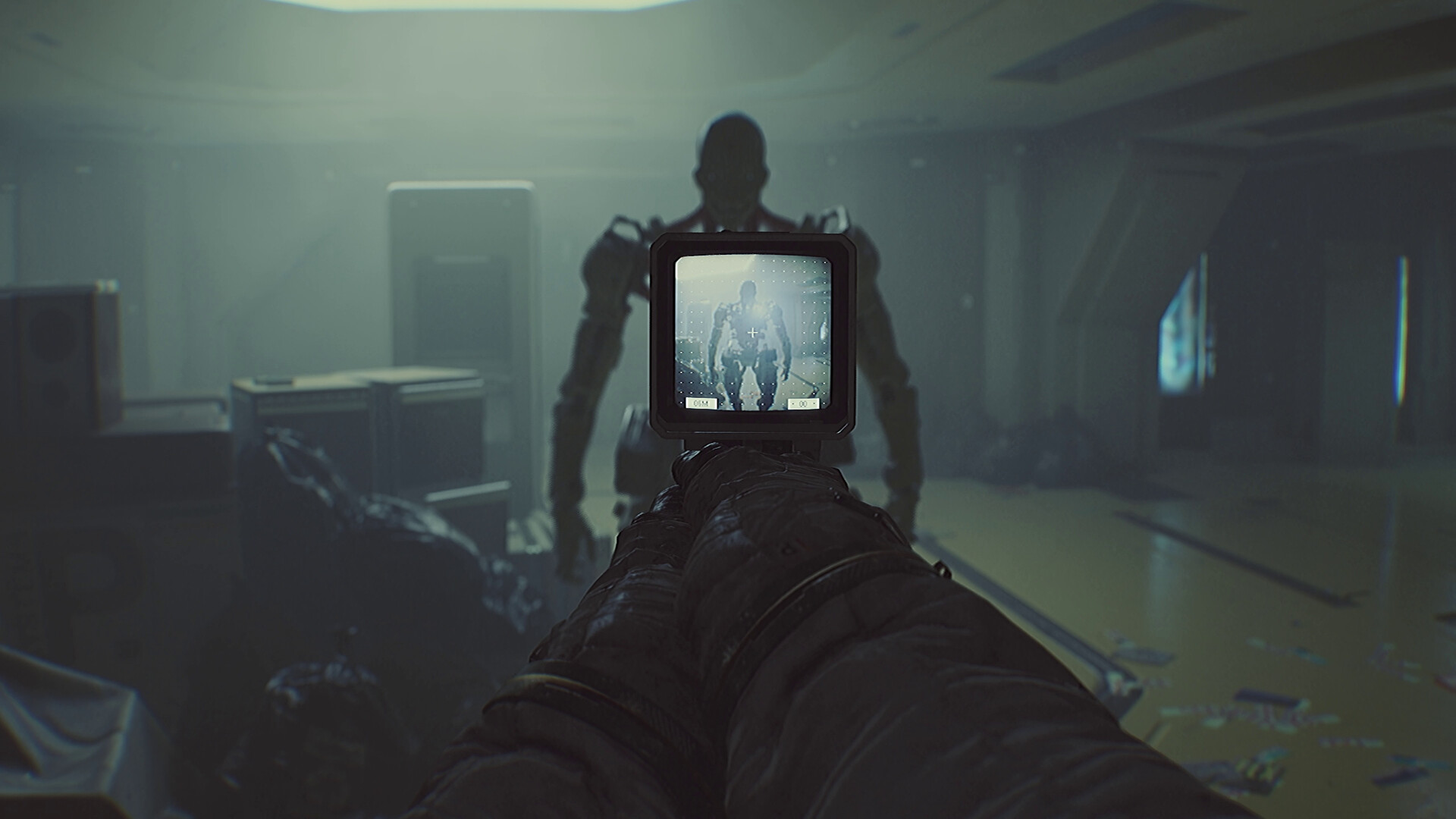 Routine screenshot with the outline of a humanoid robot, mostly with its features obscured. It's more visible through the scope of the player's gun pointed at it.