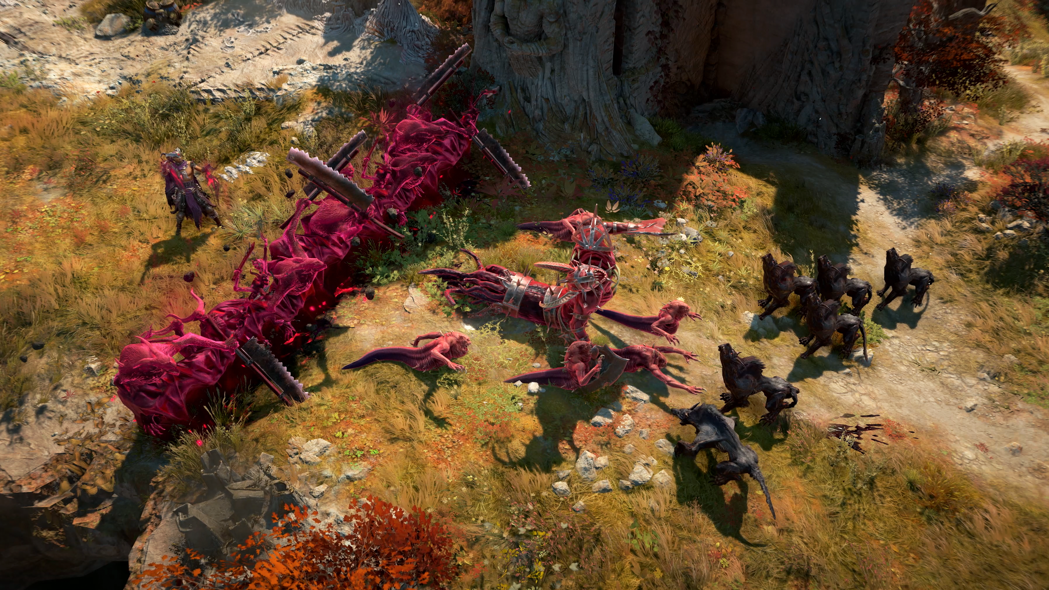 A promotional screenshot of Diablo 4: Lord of Hatred's warlock class. A player character creates a wall of malformed demons to protect themselves from an army of demons.