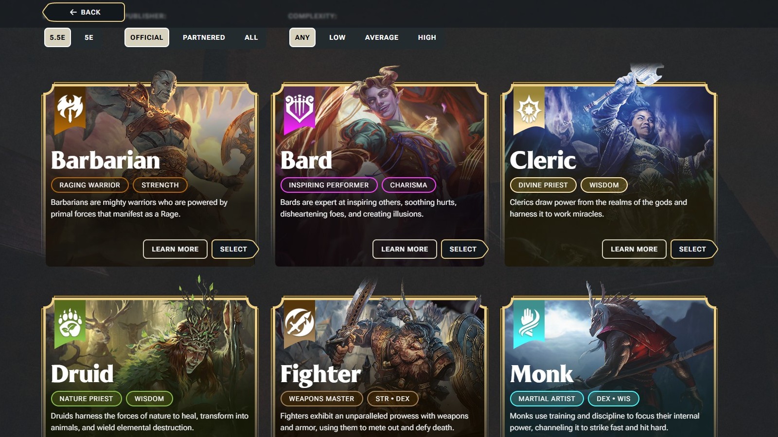 The class selection screen of the Quickbuilder in D&D Beyond.