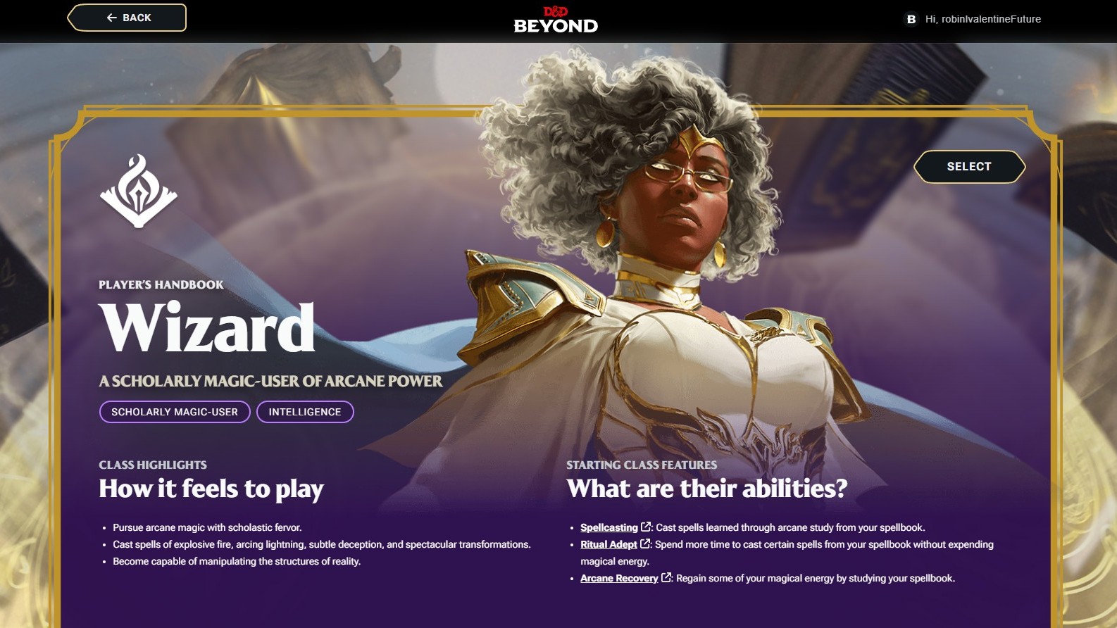 The overview of the Wizard class in the D&D Beyond Quickbuilder.