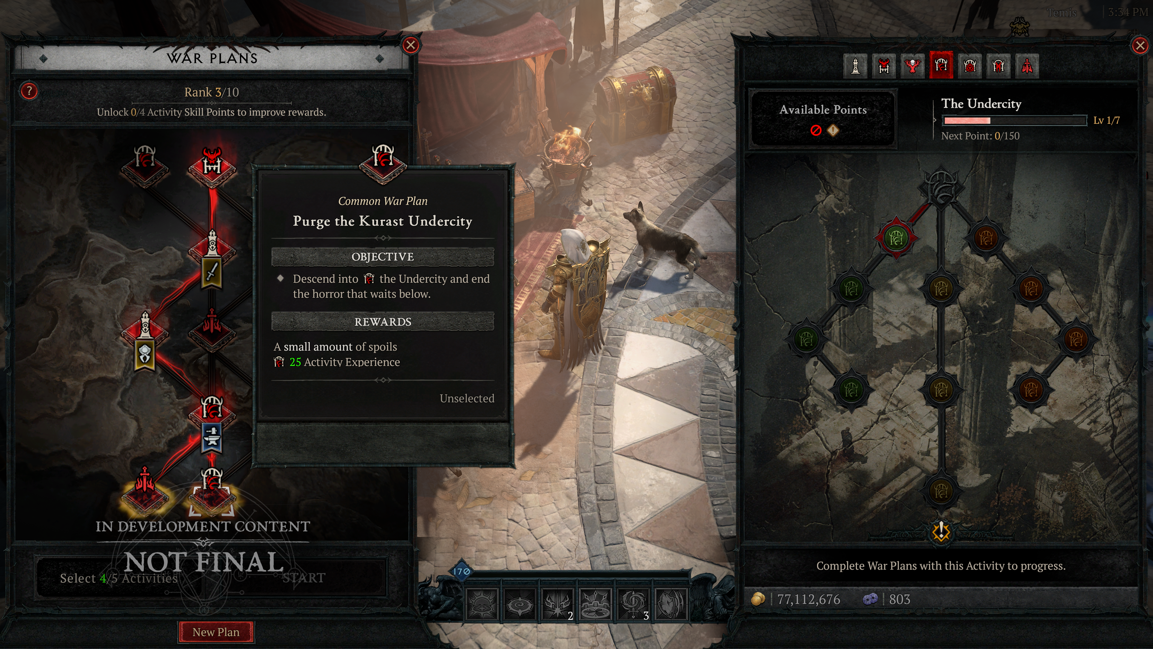 A screenshot of Diablo 4 Lord of Hatred. Two windows are open with the left showing a list of activities for War Plans. On the right, a skill tree for endgame activities.