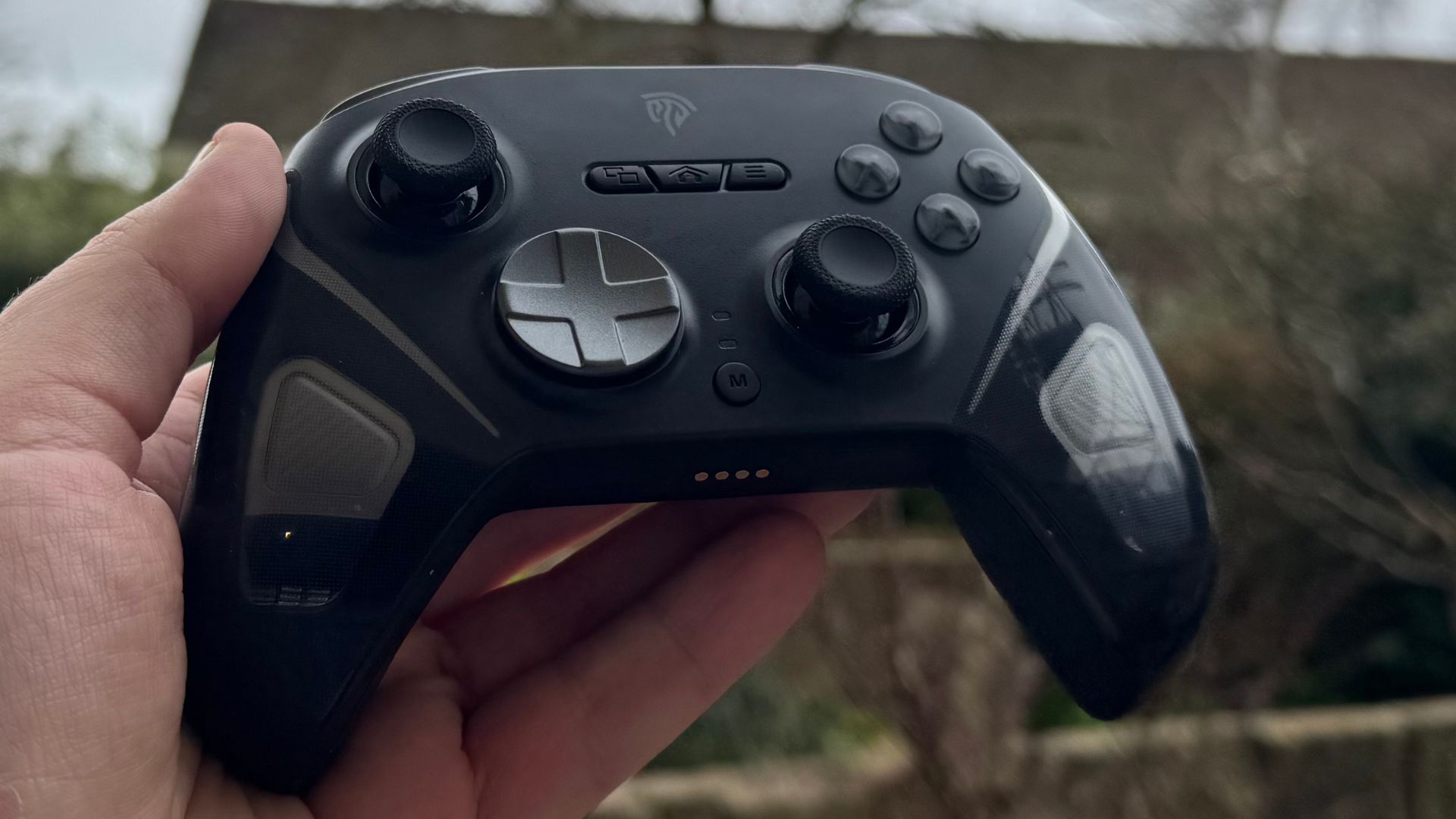 EasySMX D10 in a hand, in a garden