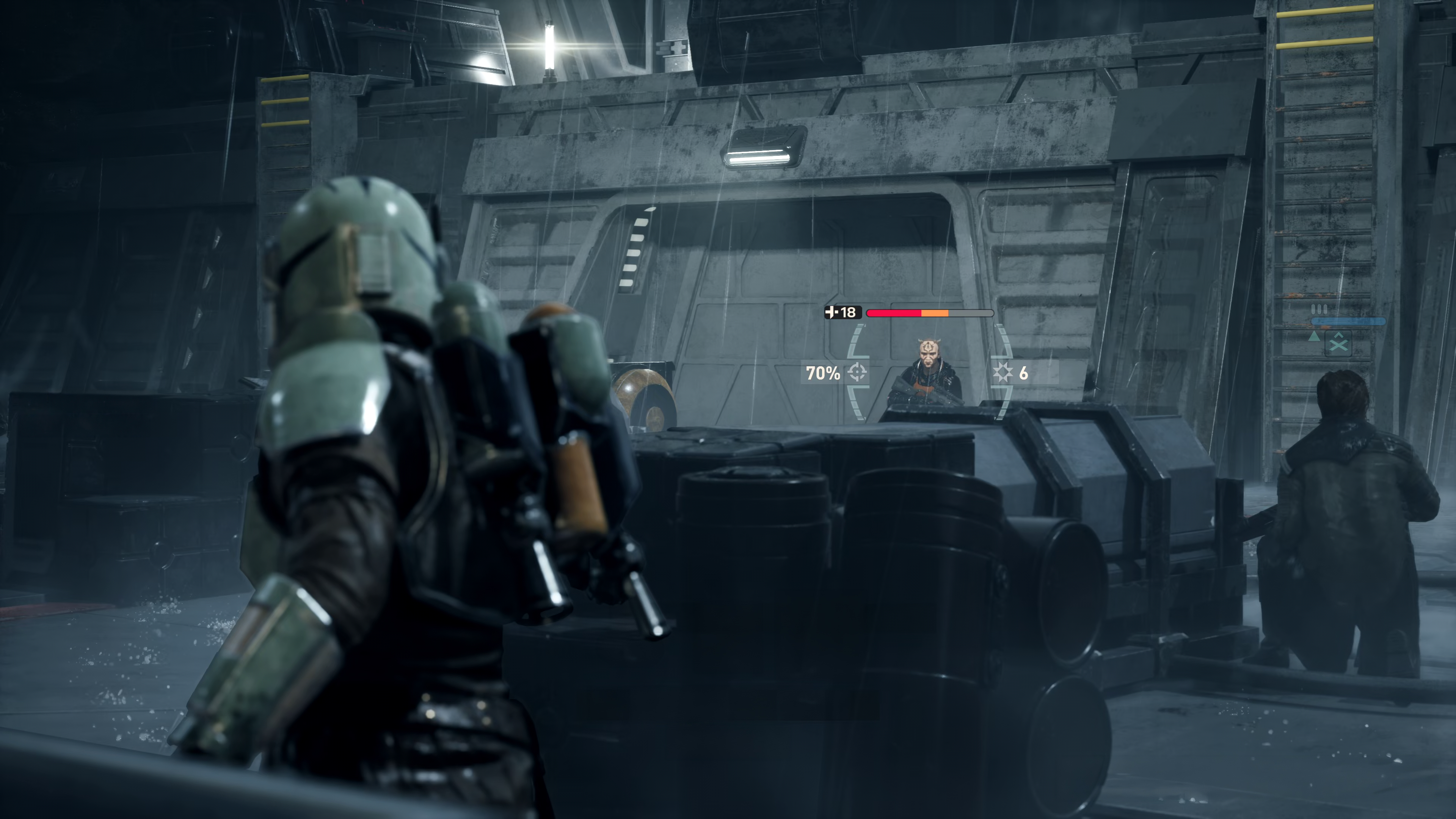 Zero Company screenshot showing Mandalorian aiming gun at enemy