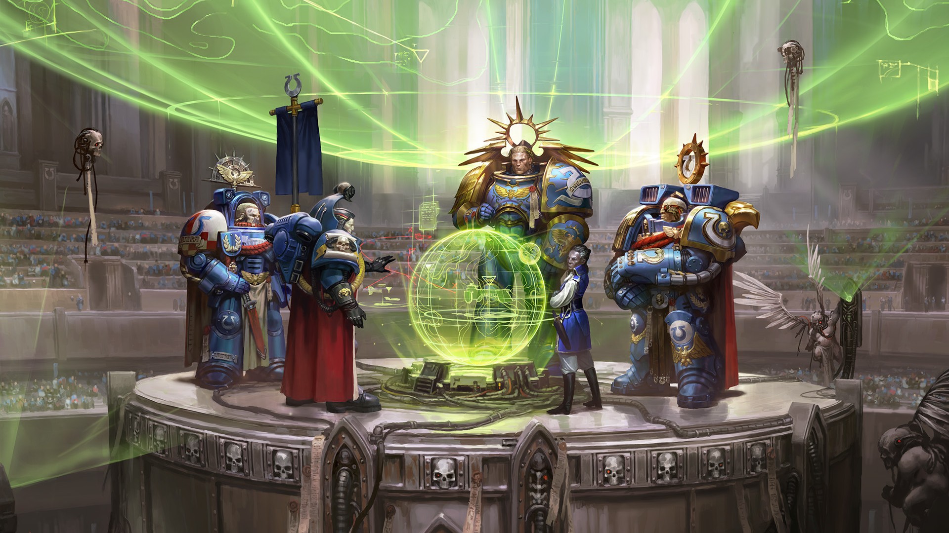 Ultramarine high command meeting around a holographic map in Warhammer 40,000.