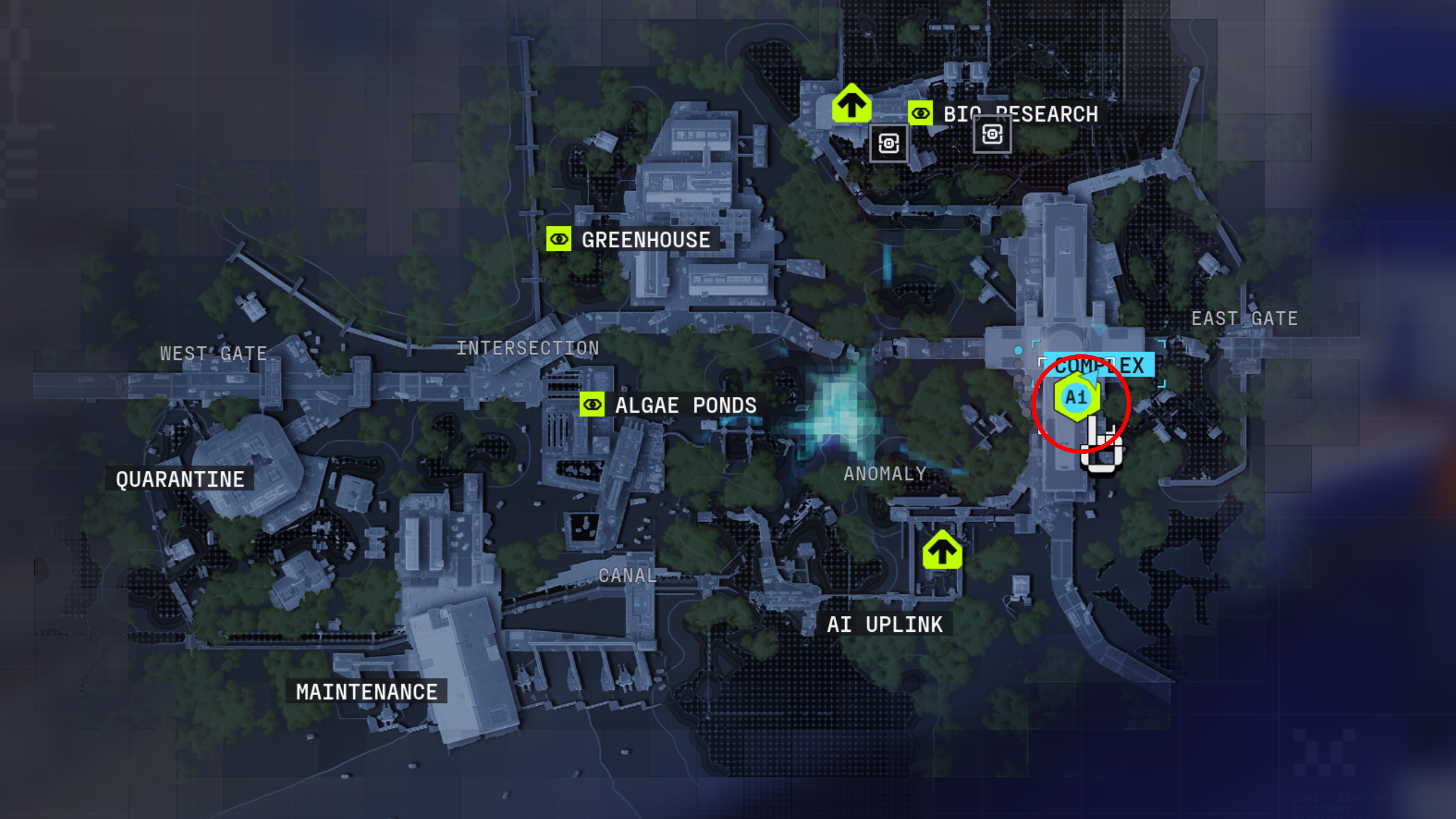 Marathon Order Chaos contract: A map of Dire Marsh with a red circle showing the terminal location in Complex.