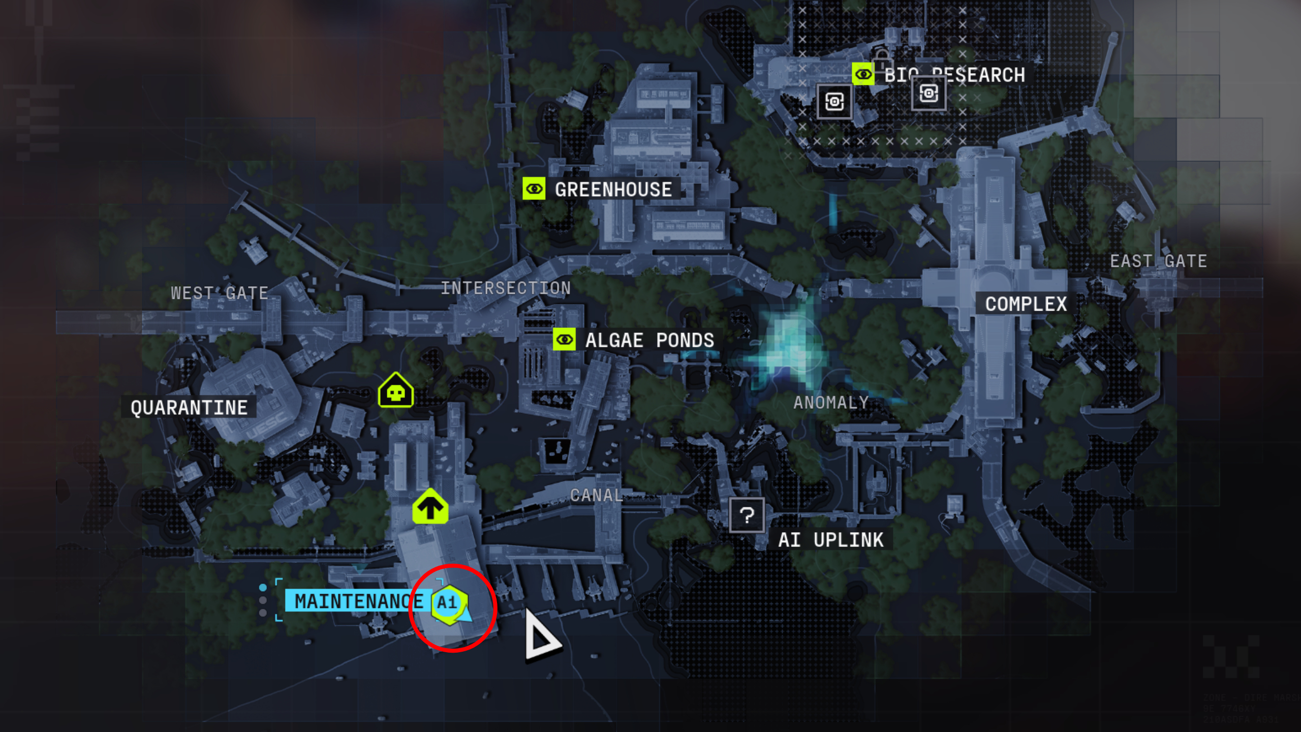 Marathon Order Chaos contract: A map of Dire Marsh with a red circle showing the terminal location in Maintenance.