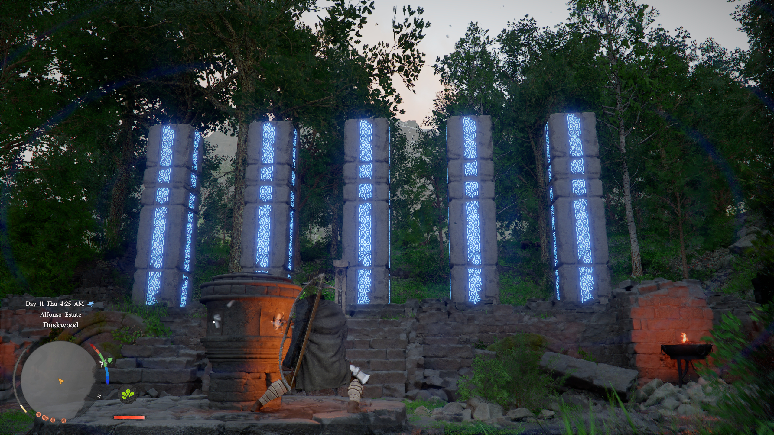 Crimson Desert Duskwood puzzle: Kliff turning the turnstile in the Duskwood Hill Ruins in the forest, looking at various glowing blue pillars.