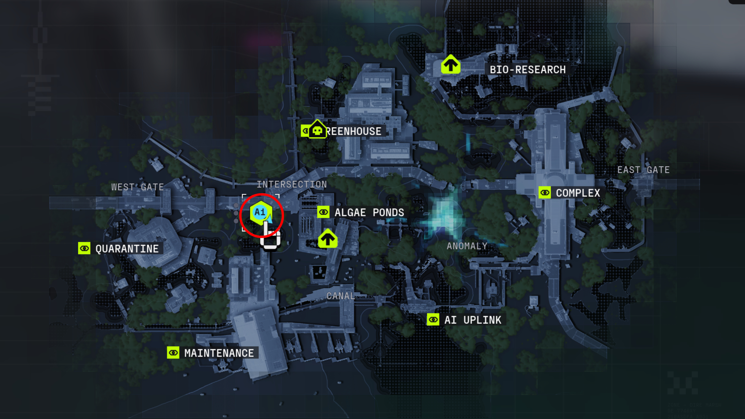 Marathon Protect/Destroy 3: A map of Dire Marsh with a red circle showing the location of the UV Protocol in Intersection.