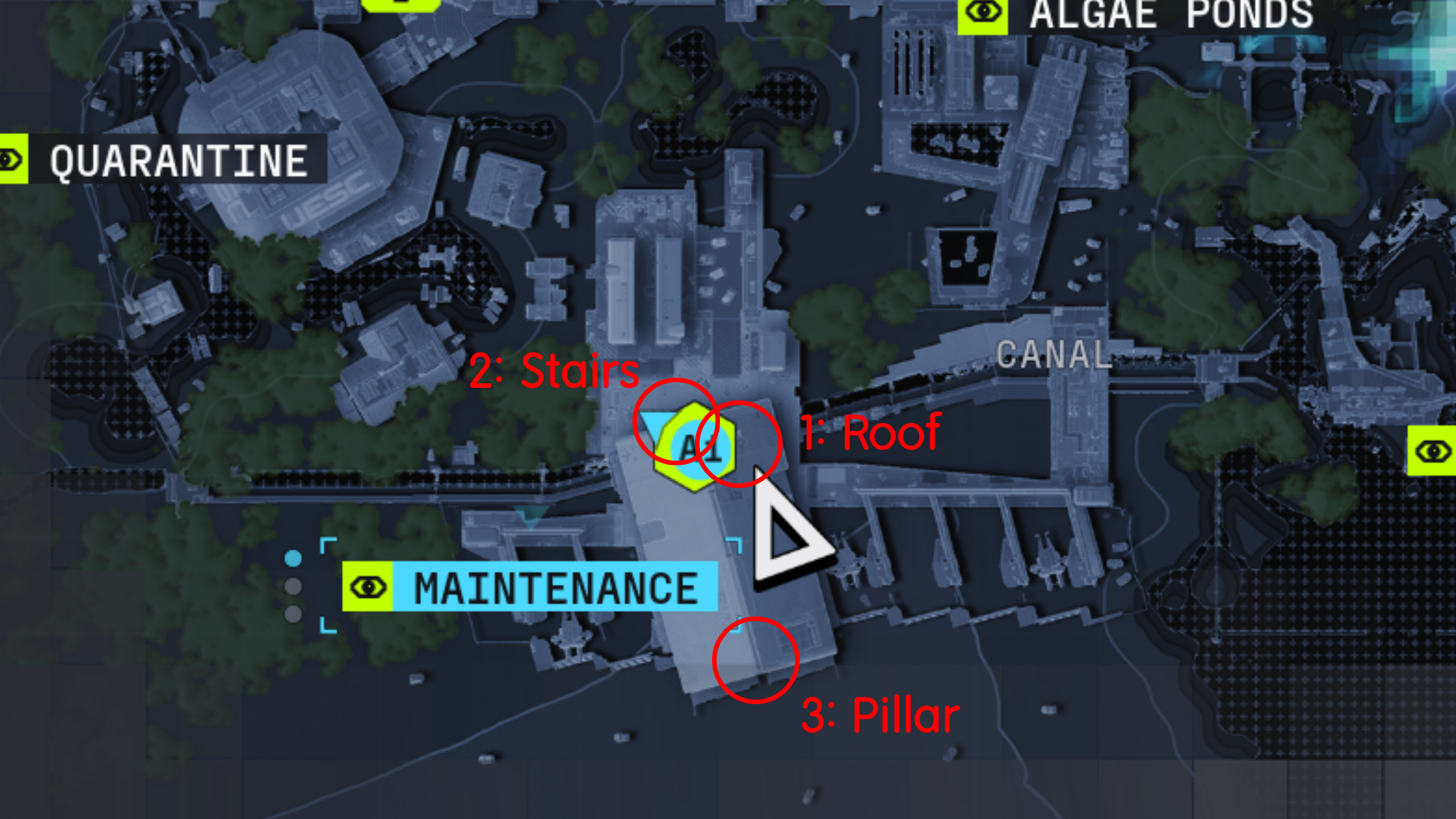 Marathon tag marked locations: An annotated map showing where the marked locations you need to tag in Maintenance on Dire Marsh.