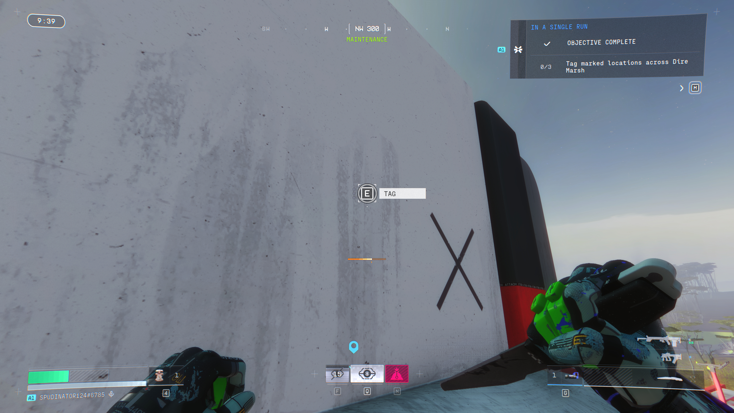 Marathon tag marked locations: A player looking at a white wall with a black 'X' on it on the roof of Maintenance.