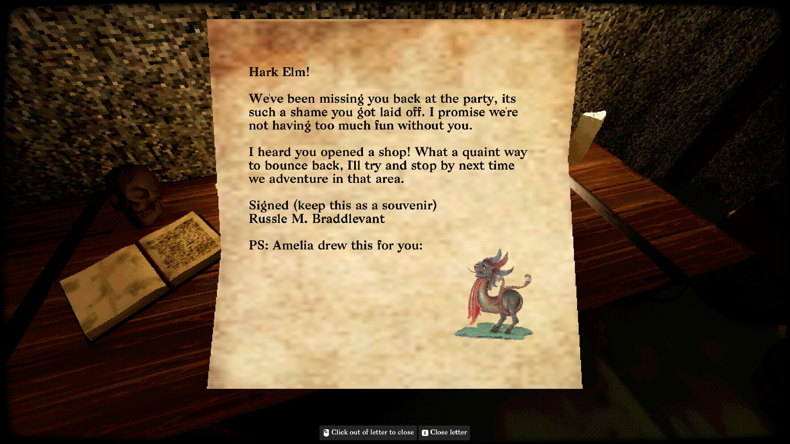 Dungeon Bodega Simulator - A letter givign condolences to Elm for being laid off from QuestCo.