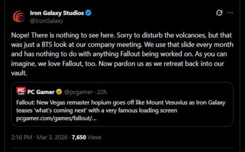 Iron Galaxy says the Fallout: New Vegas image it posted yesterday doesn’t mean anything: ‘We use that slide every month and has nothing to do with anything Fallout being worked on’
