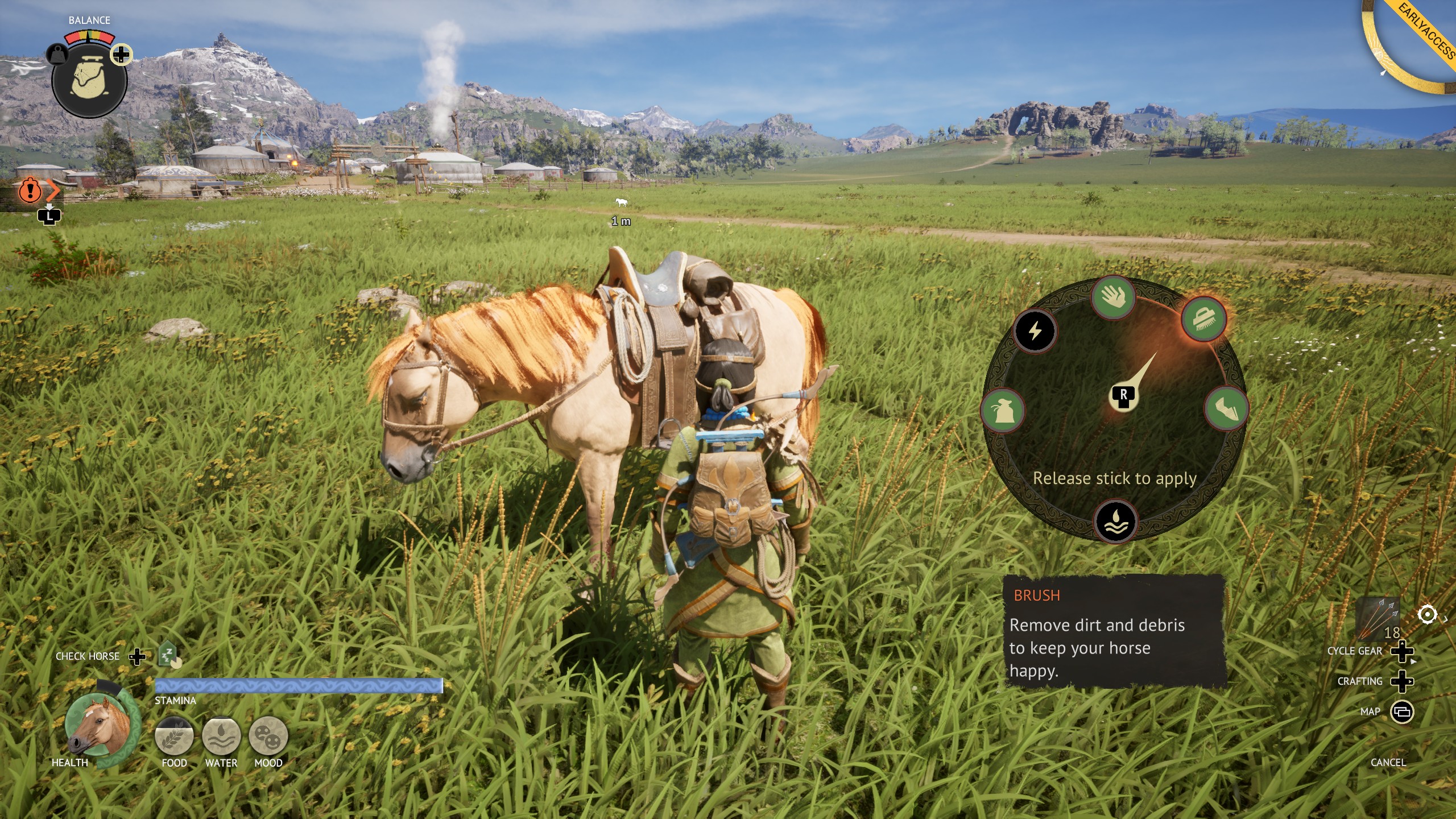 The Legend of Khiimori - A radial menu open showing the options to pet, brush, and tend a horse's hooves while Naraa stands by it.