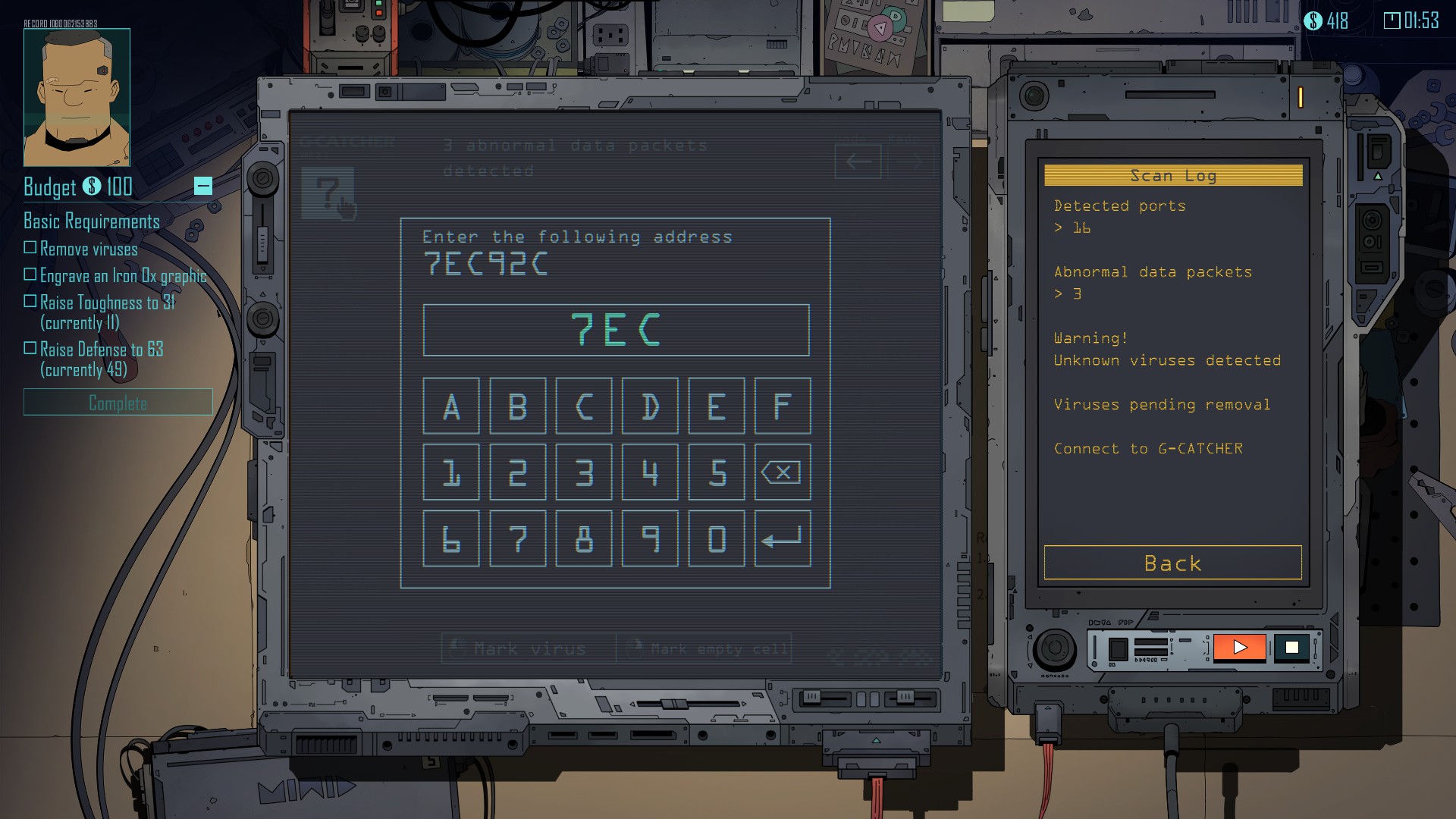 Performing a virus sweep on a piece of equipment in Steel Soul Shaper.