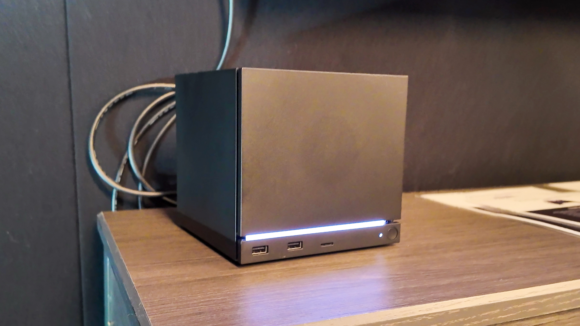 Valve's new Steam Machine during a visit to Valve HQ in Bellevue, Washington. The Steam Machine is a compact living room gaming PC.