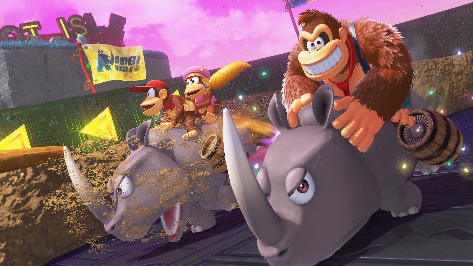 Donkey Kong and Diddy ride on Rhinos.