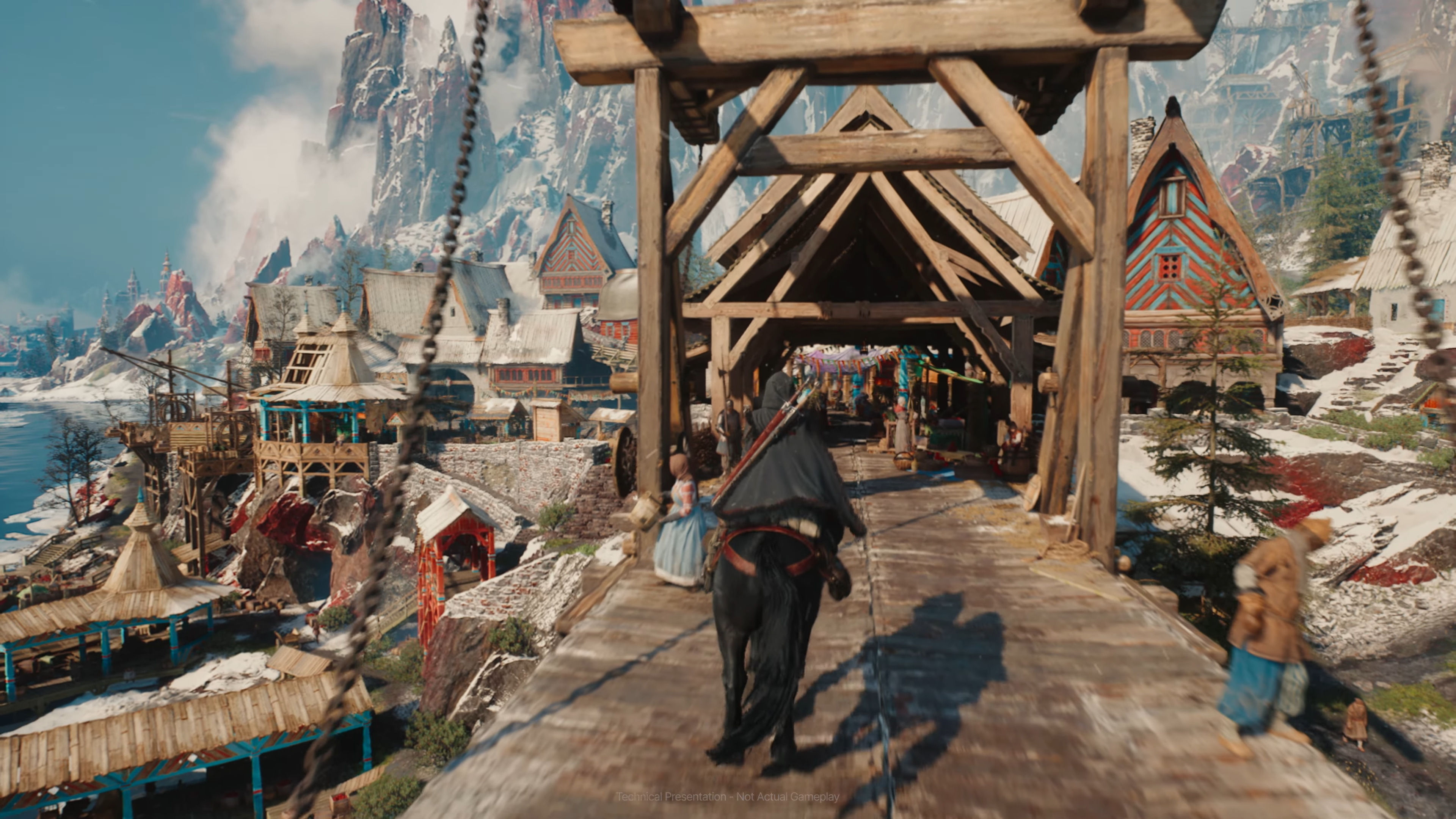 Ciri rides into the port town of Valdrest in the Witcher 4 tech demo.