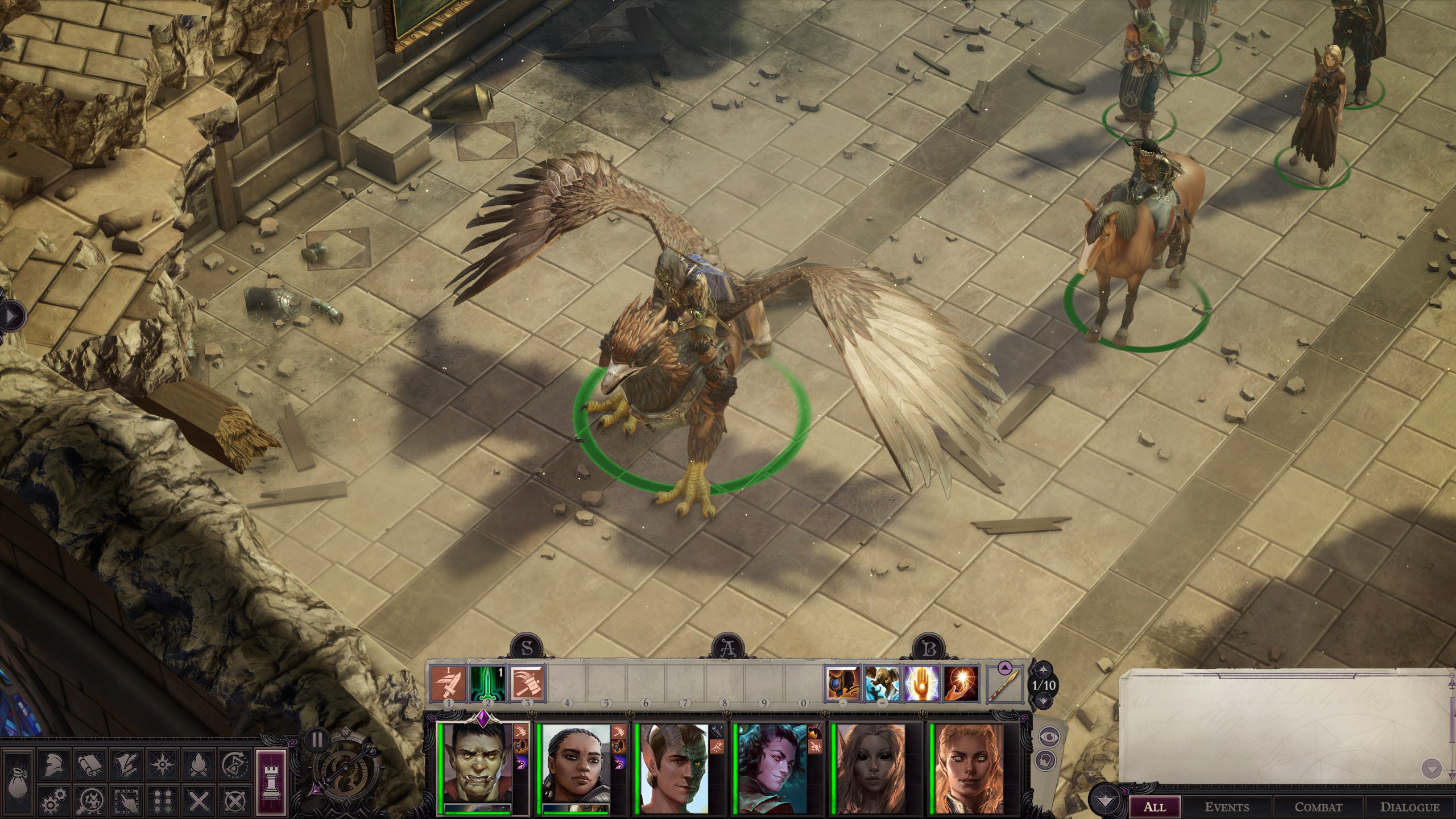Pathfinder WotR screenshot showing griffon riding orc ranger