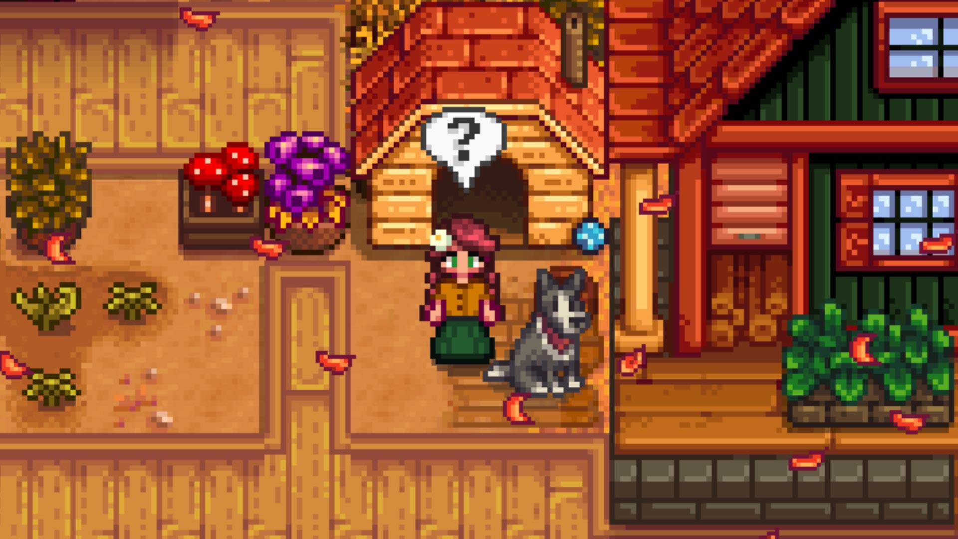 Stardew Valley farmer standing outside their house next to their dog.