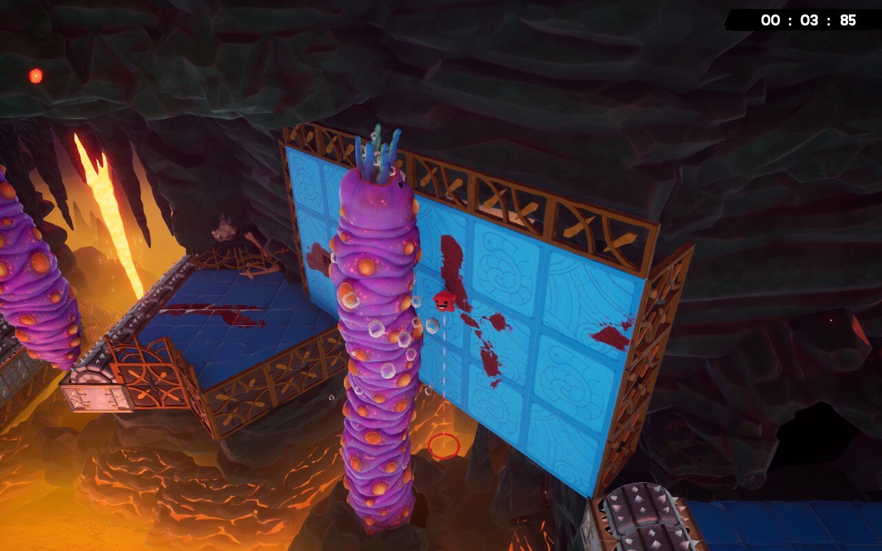 Super Meat Boy 3D screenshot showing Meat Boy running on a blue wall