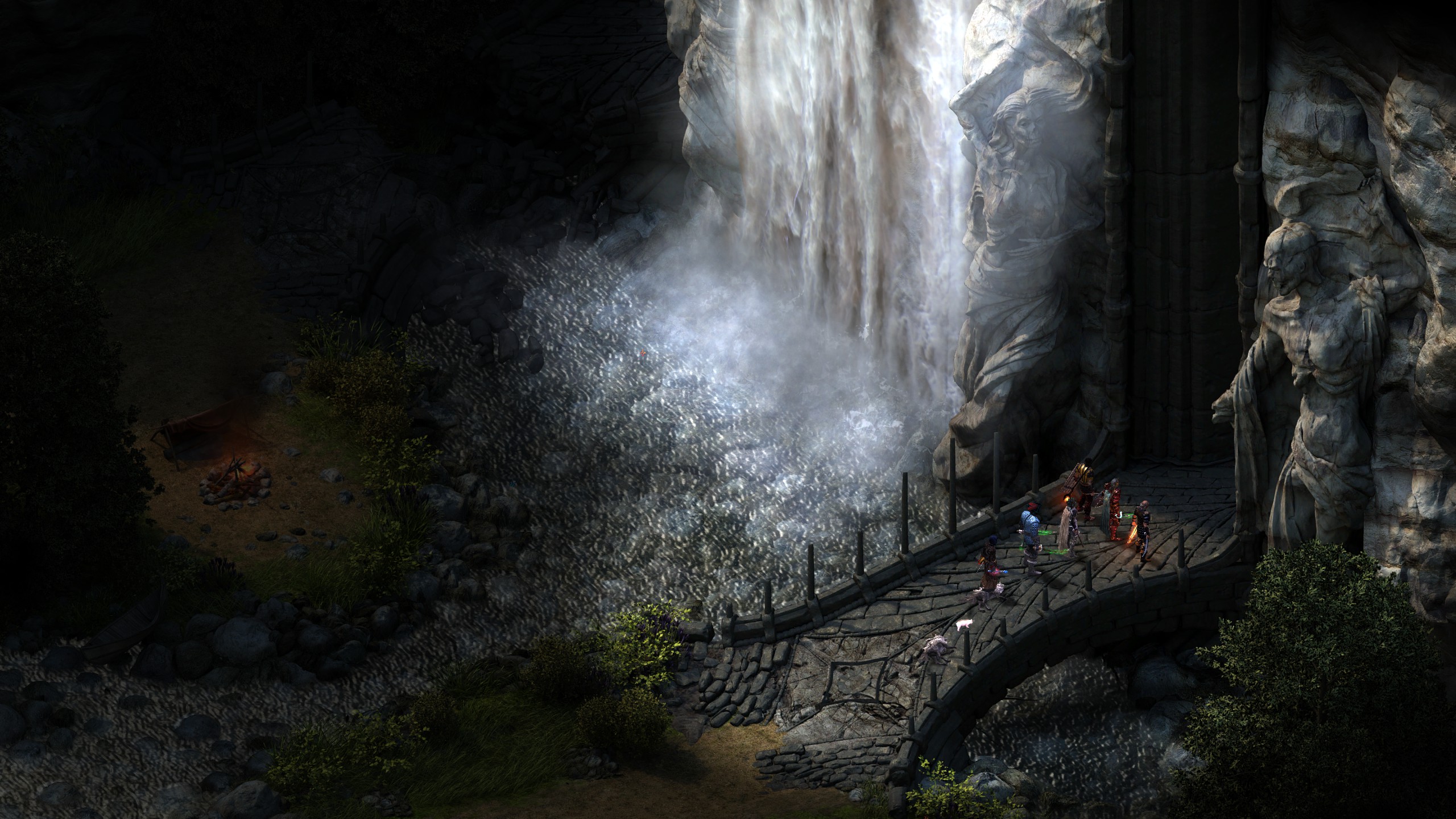 Pillars of Eternity party on bridge before ruins by waterfall.