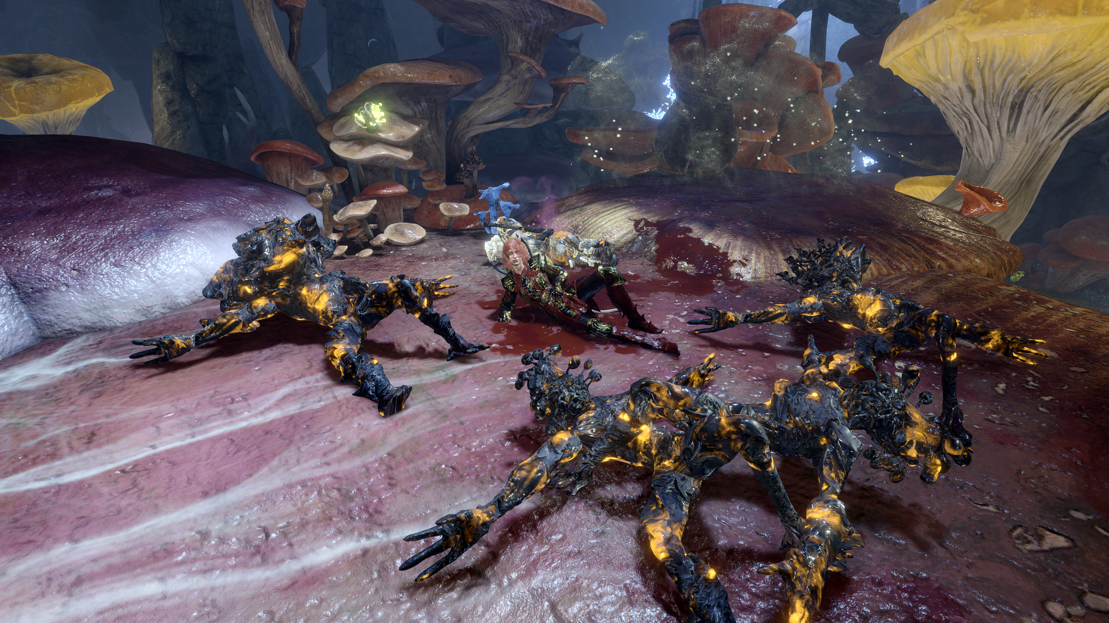 Baldur's Gate 3 screenshots showing female Dark Urge wielding twin flame blades